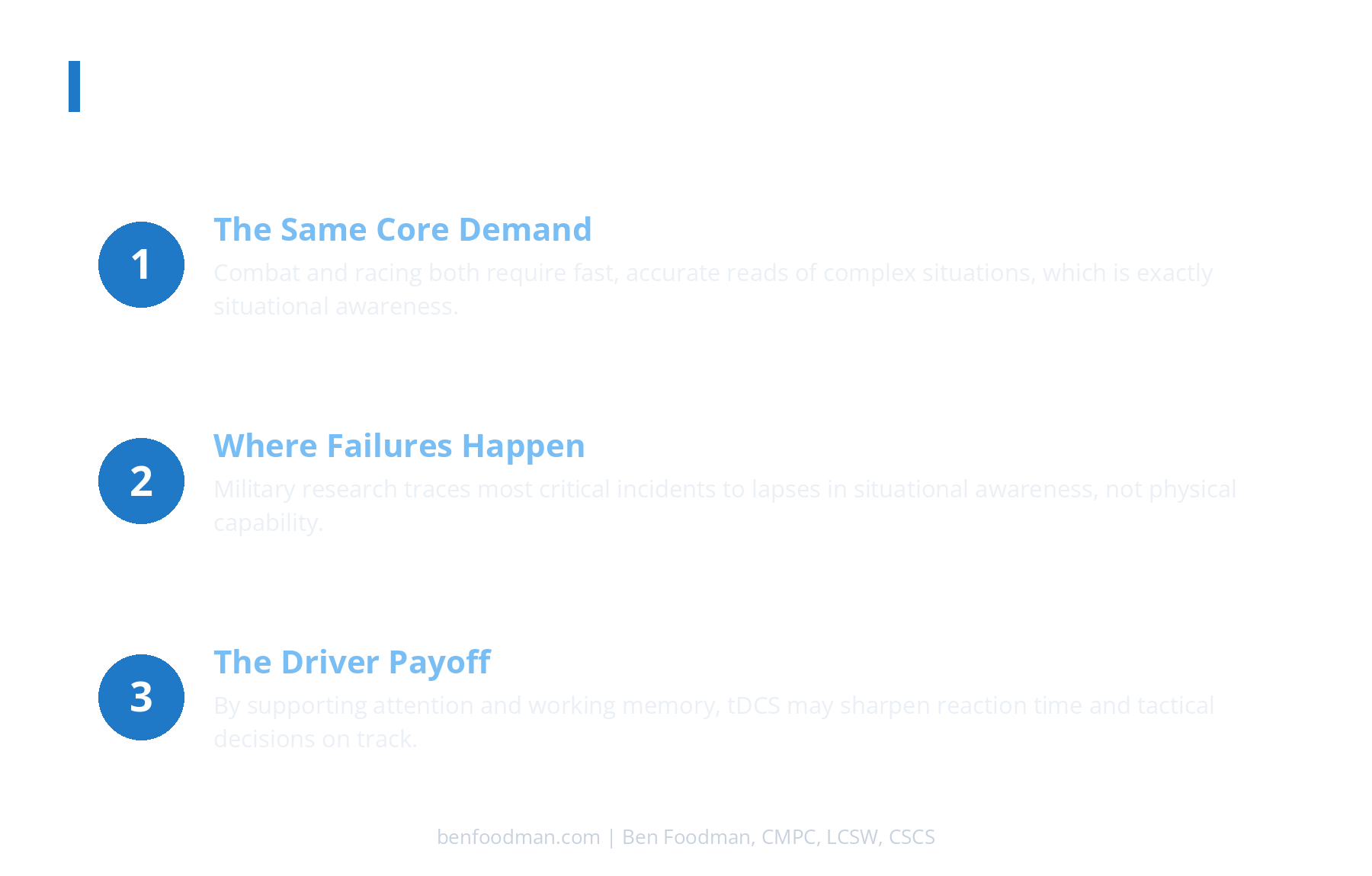 An infographic explaining 3 reasons why tDCS transfers to motorsport performance
