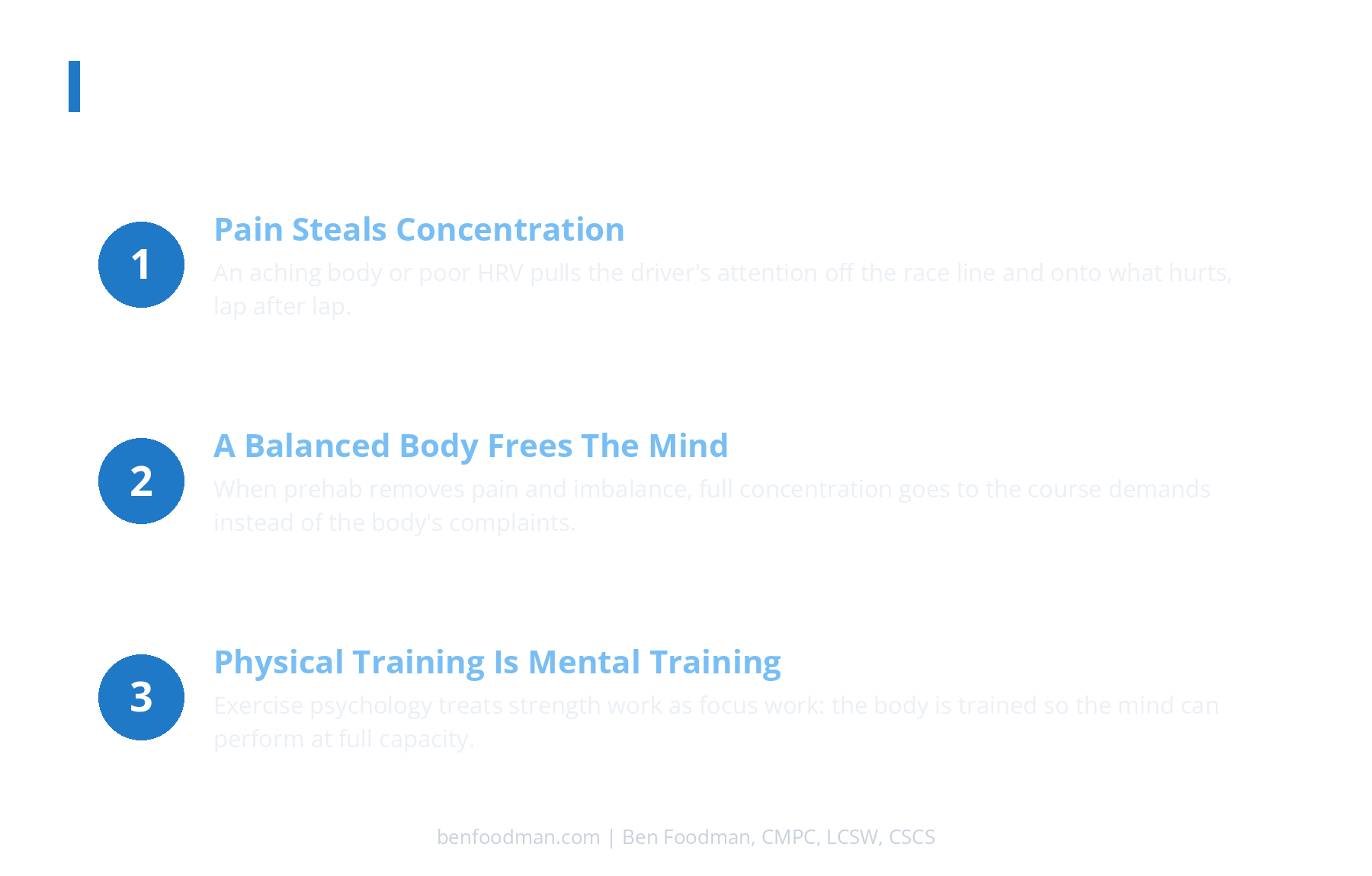 An infographic describing the 3 most important reasons rally drivers use prehab for mental training