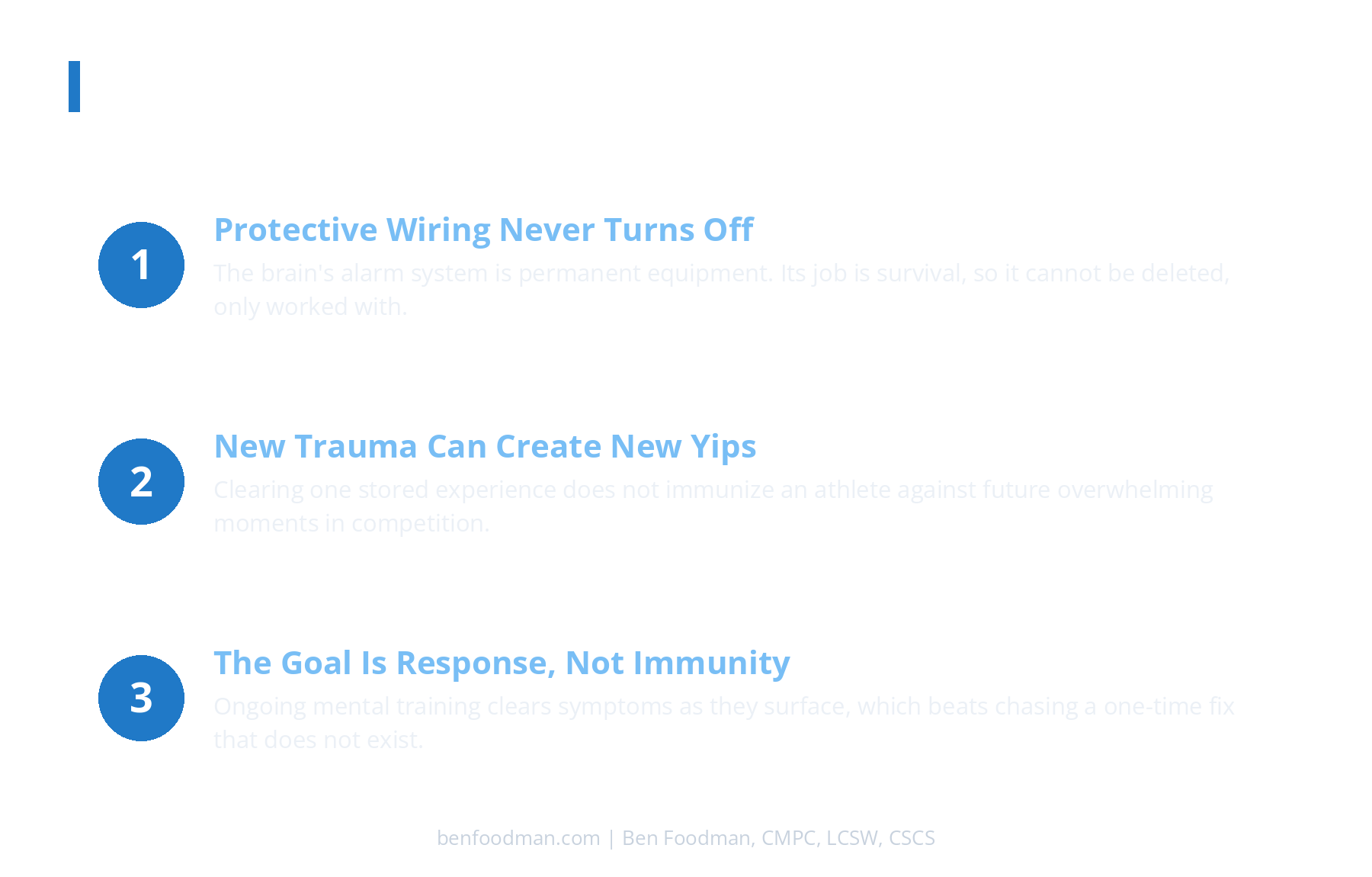 A branded graphic explaining three reasons why no baseball player can become permanently yip proof and why ongoing mental training beats chasing a one-time fix.