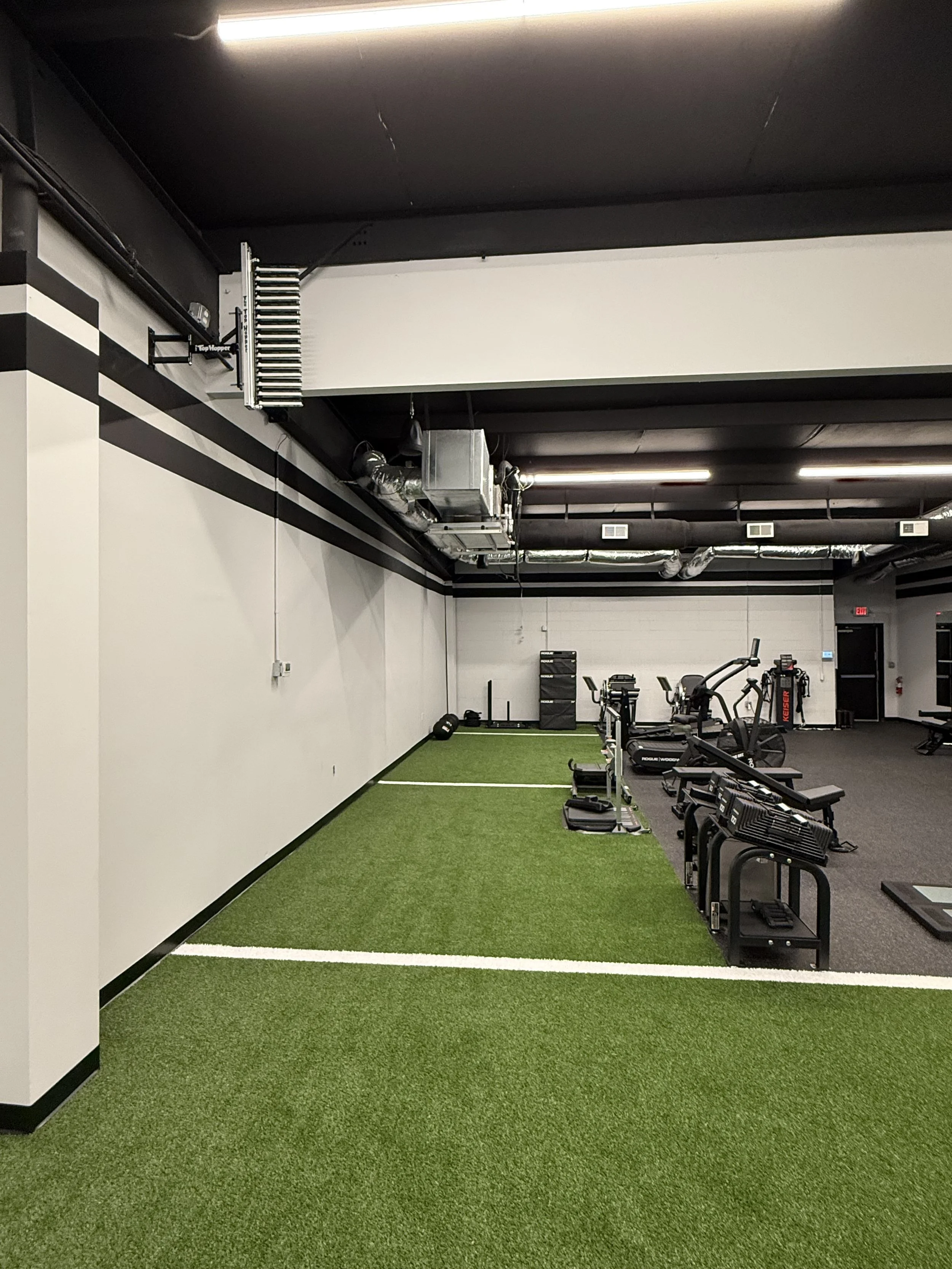 Empty gym with artificial turf, workout equipment, exercise machines, and black and white walls.