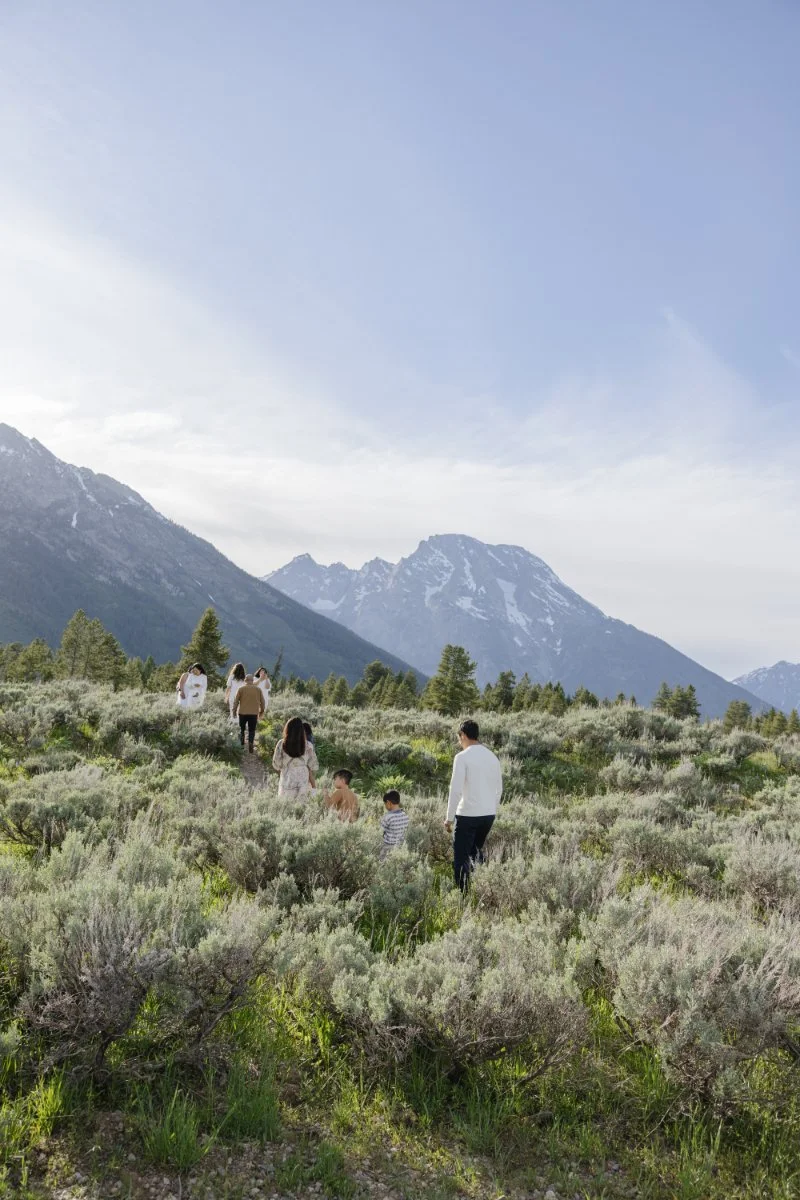  Family  walks together through a field with a mountain background and their photographer shares tips for family photos. 
