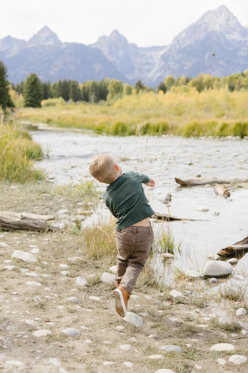  Child skipping rocks near the river during Grand Teton wildflowers season in Grand Teton National Park 