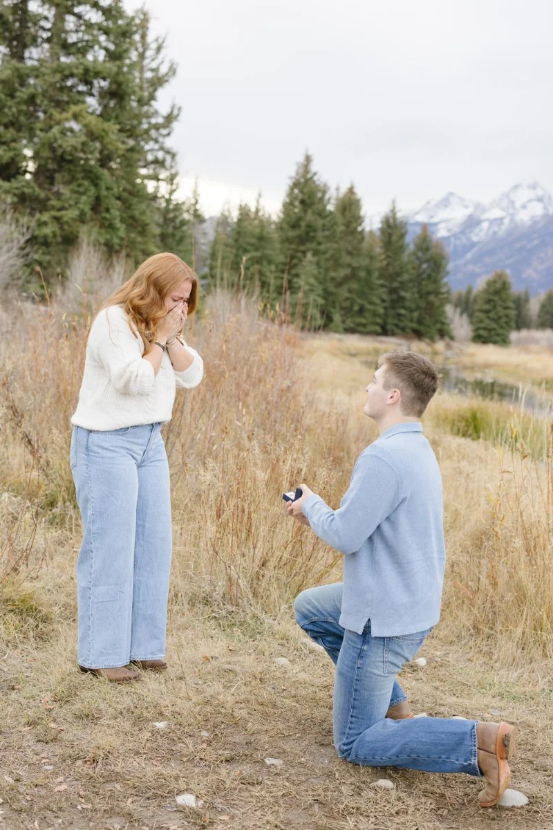  What to wear for a proposal photoshoot during a surprise proposal in Jackson Hole near the Tetons 