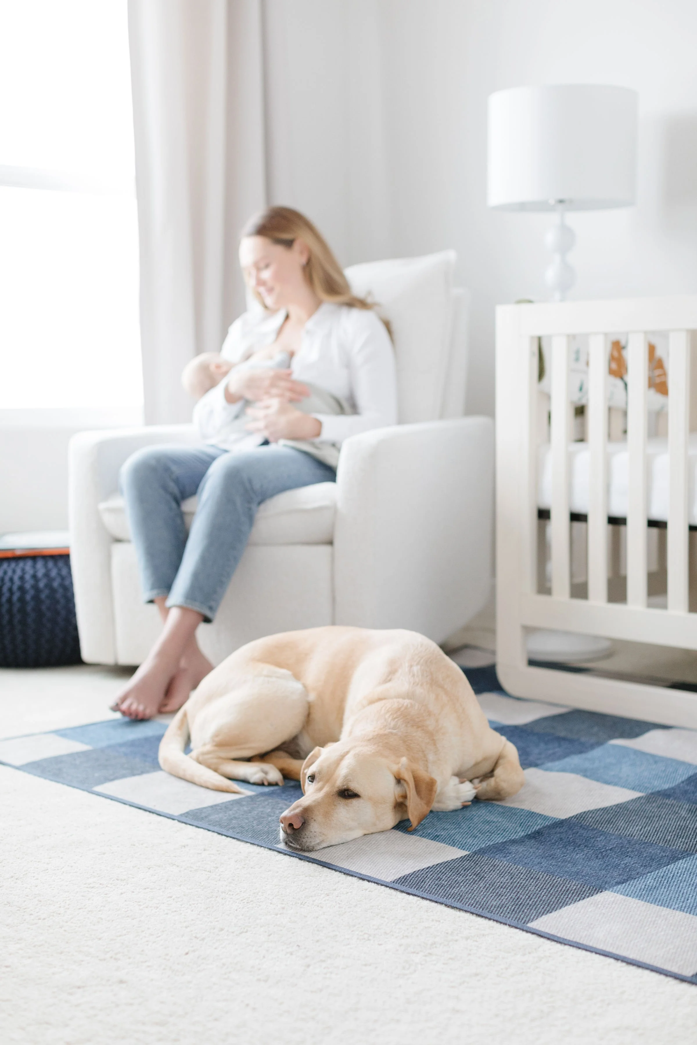 mother feeds her baby in their bright lit nursery while the family dog rests at moms feet