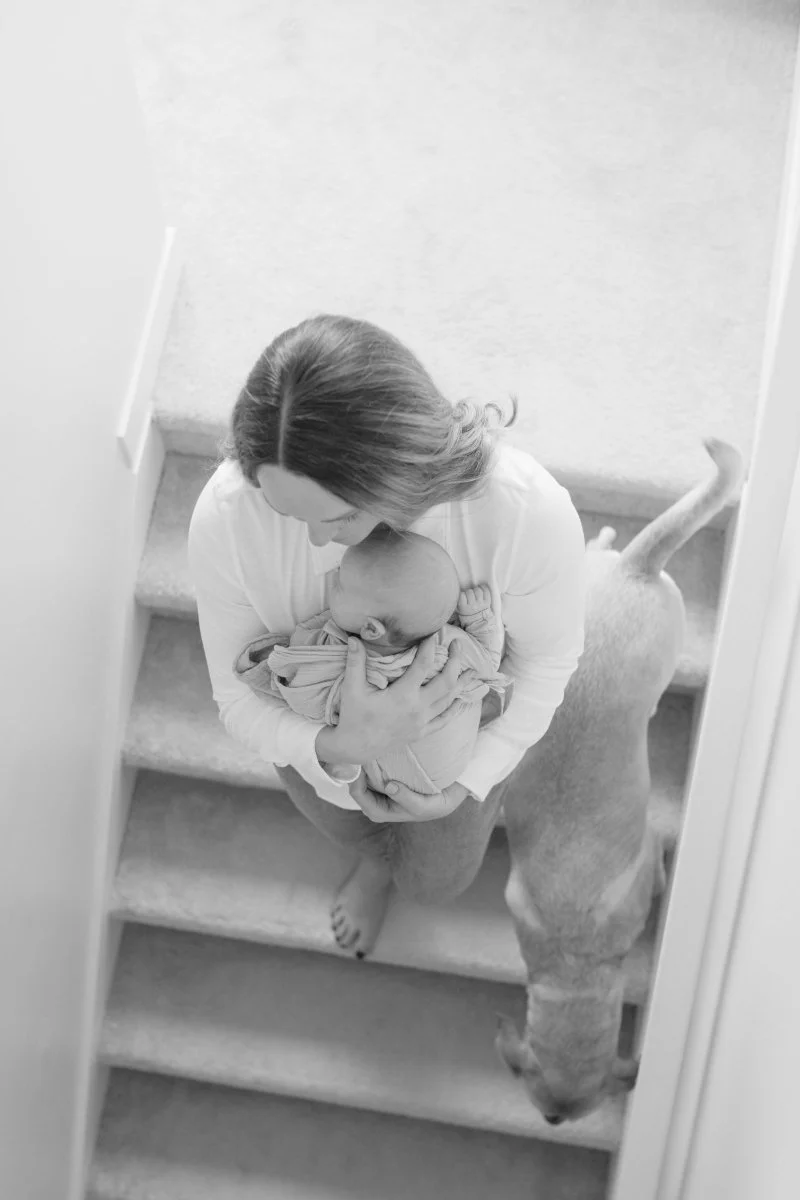 Mom walks down steps with baby, their lab following.