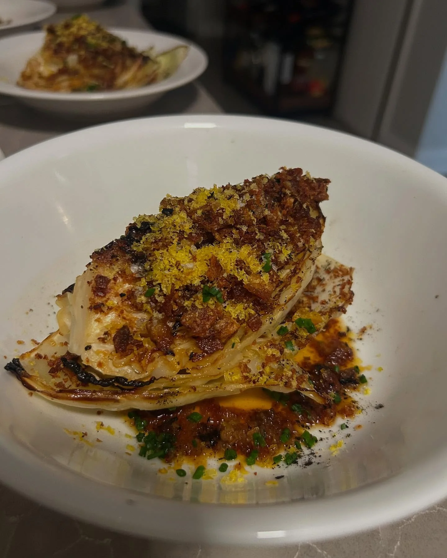 A fun little menu enjoyed by a good group of besties to celebrate Anna&rsquo;s birthday 🎉 a reminder to always celebrate the big, small and in between moments ✨ 

 MENU: Roasted Cabbage, Miso Egg Yolk, Potato Crumble 

Beef Tataki, Crispy Garlic, On