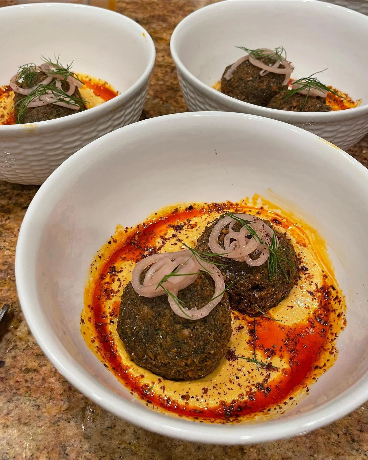 one for the bachelorettes and bride 👰&zwj;♀️💍👯&zwj;♀️ Mediterranean menu in the Hamptons - MENU beautiful bright tahdig with olive jam and pine nuts, Greek salad with pomegranates and fresh oregano &amp; crispy fava bean falafel with roasted tomat