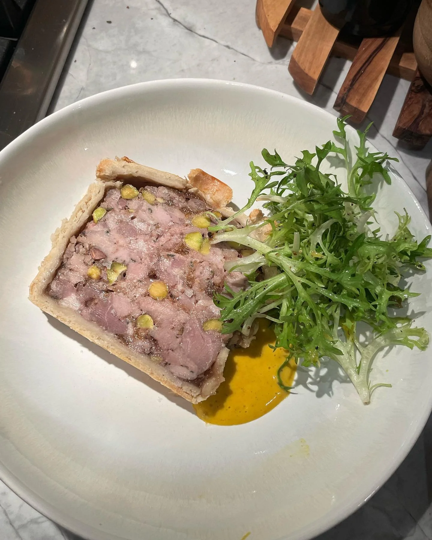 french is always fun ✨for ana and her family, never too late to celebrate the holidays 🎁 on the menu : pork terrine, marbled steak, chickpea panisse and a pistachio p&acirc;te &agrave; choux.