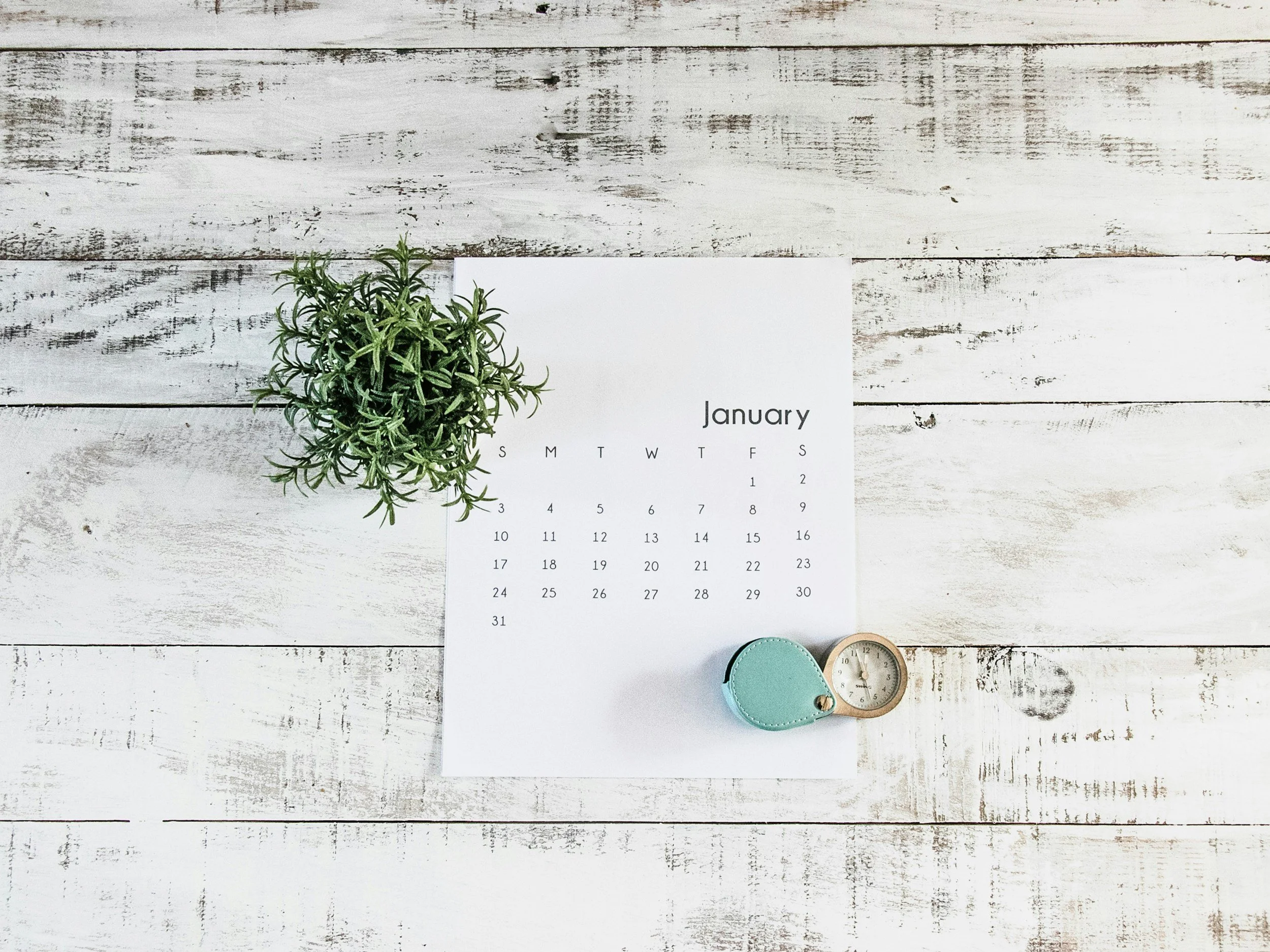 A calendar page for January on a white wooden surface, with a potted green plant, a teal keychain, and a small white clock.