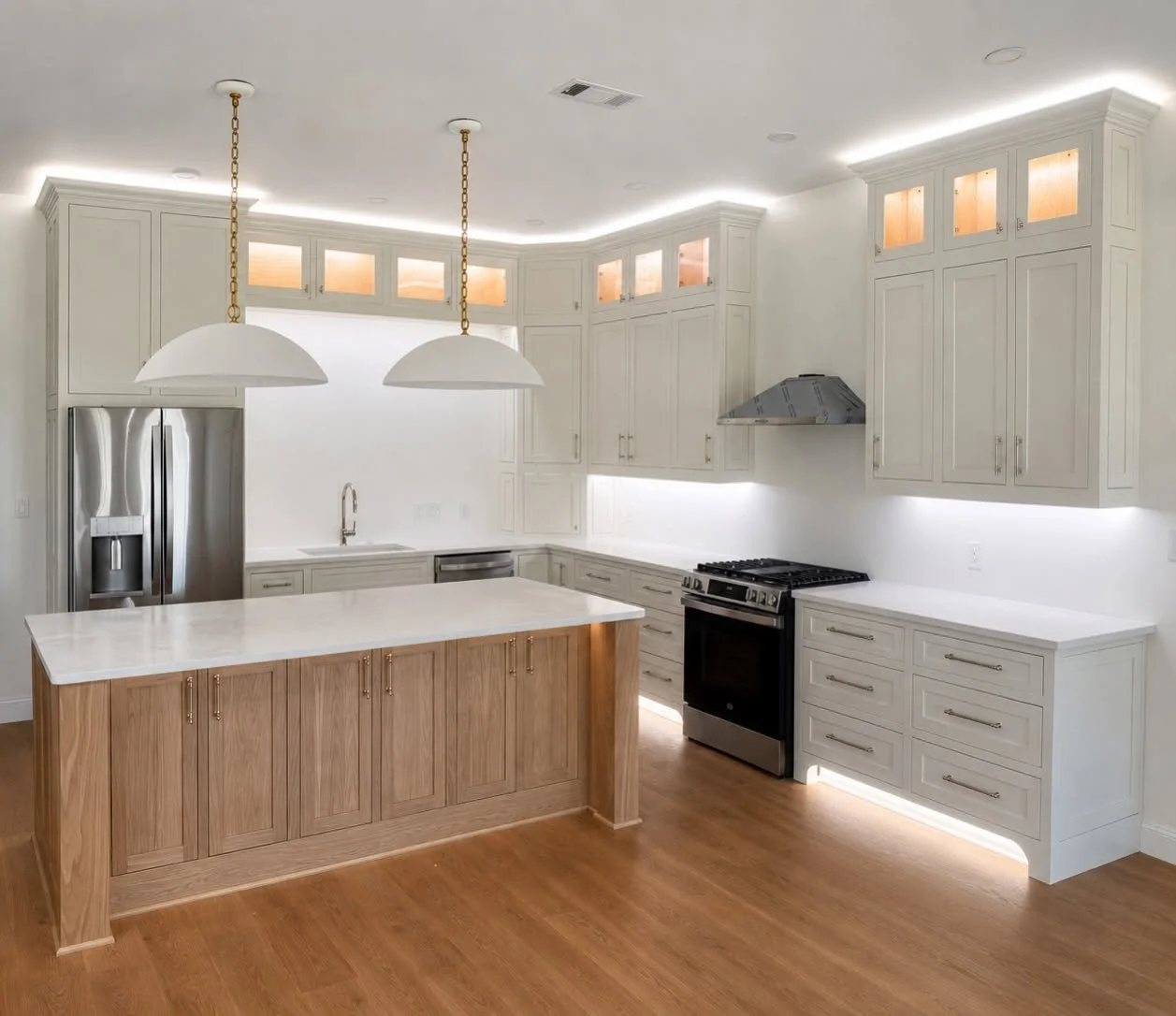 Custom Modern kitchen with dove white cabinets, stainless steel refrigerator, White Oak wooden island, and hardwood floor.