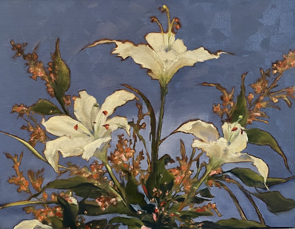 Lilies Against the Sky, oil on panel 14x18