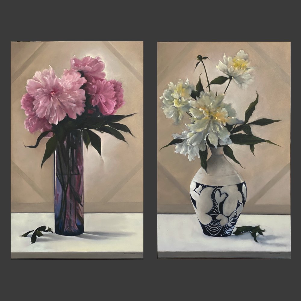 Peonies in Glass - oil on canvas 48x30 ~  Peonies in Earthenware - oil on canvas 48x30