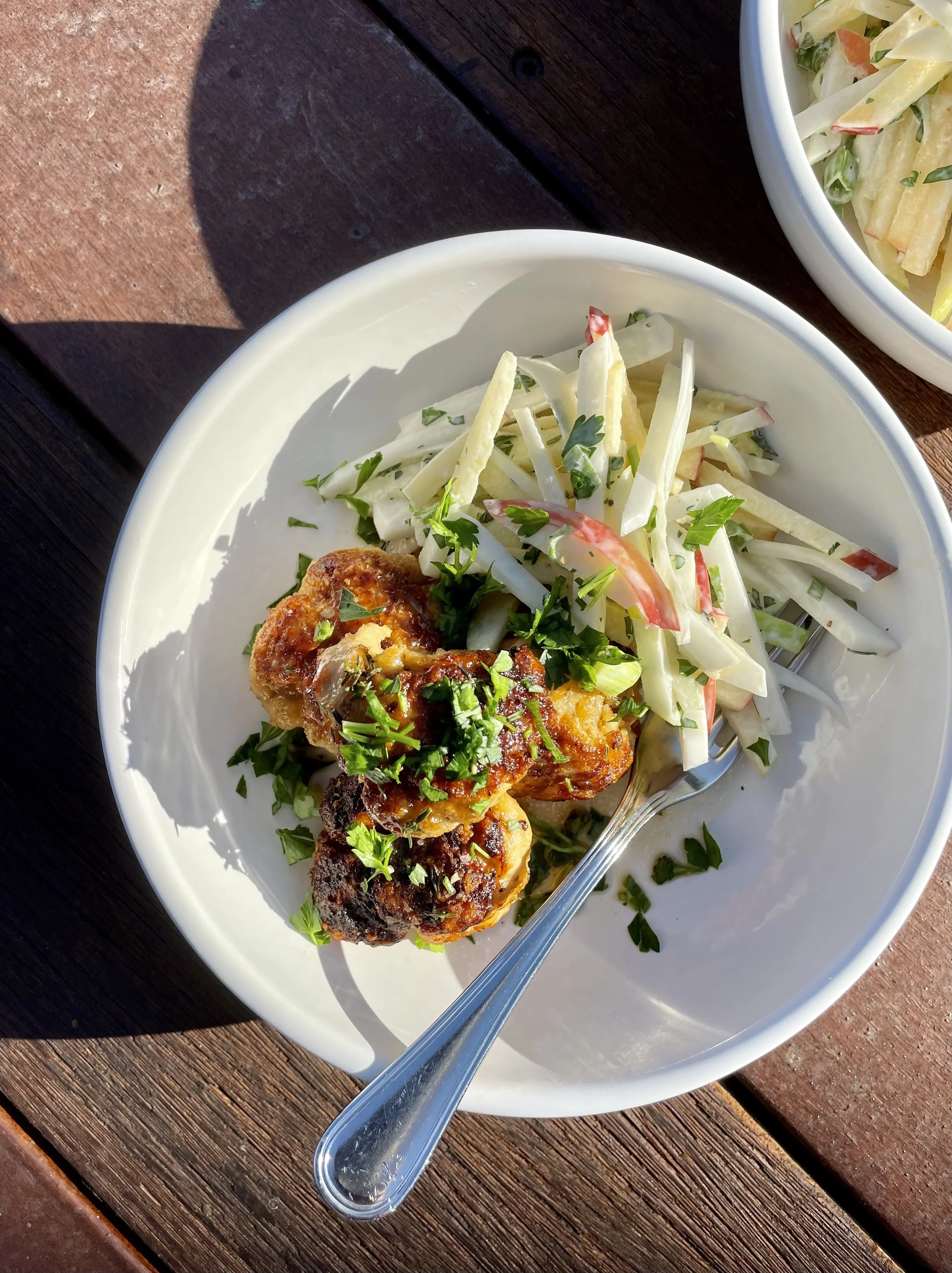 Cider-Braised Turkey Meatballs with Apple Slaw