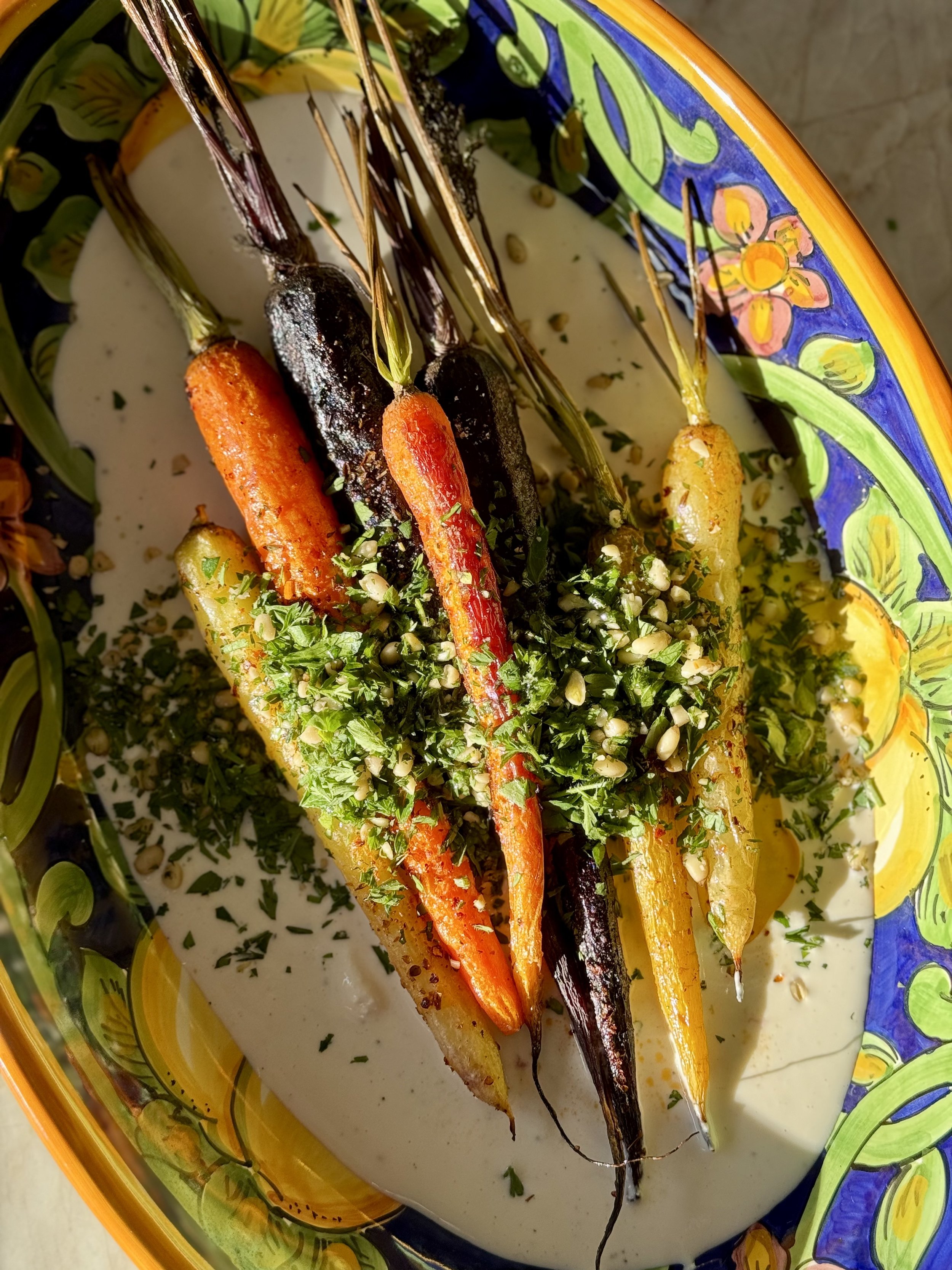 Harissa Roasted Carrots with Carrot Top-Pine Nut Gremolata