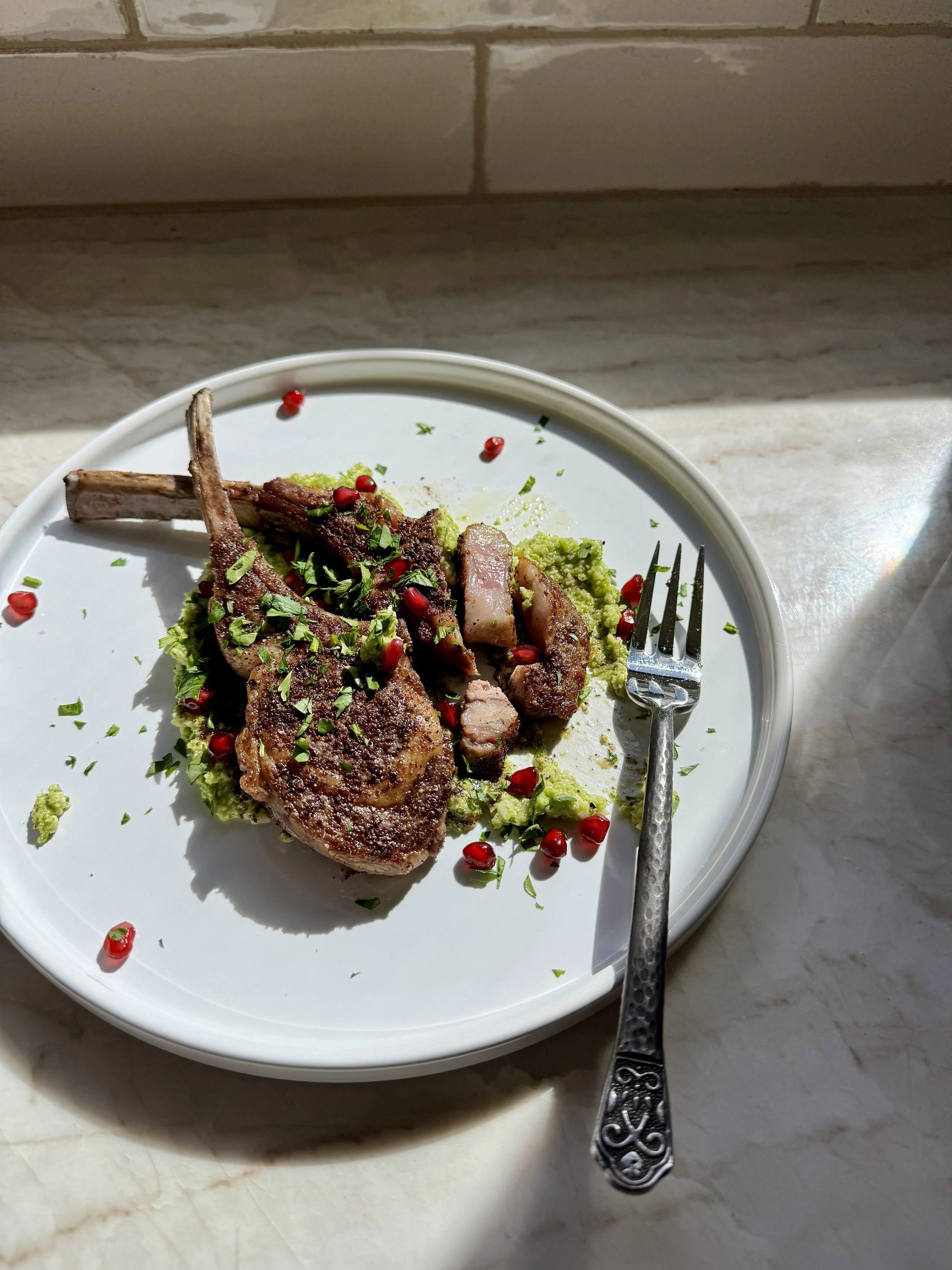 Sumac-Espresso Rubbed Lamb Chops w/ Garlic Scape Pesto