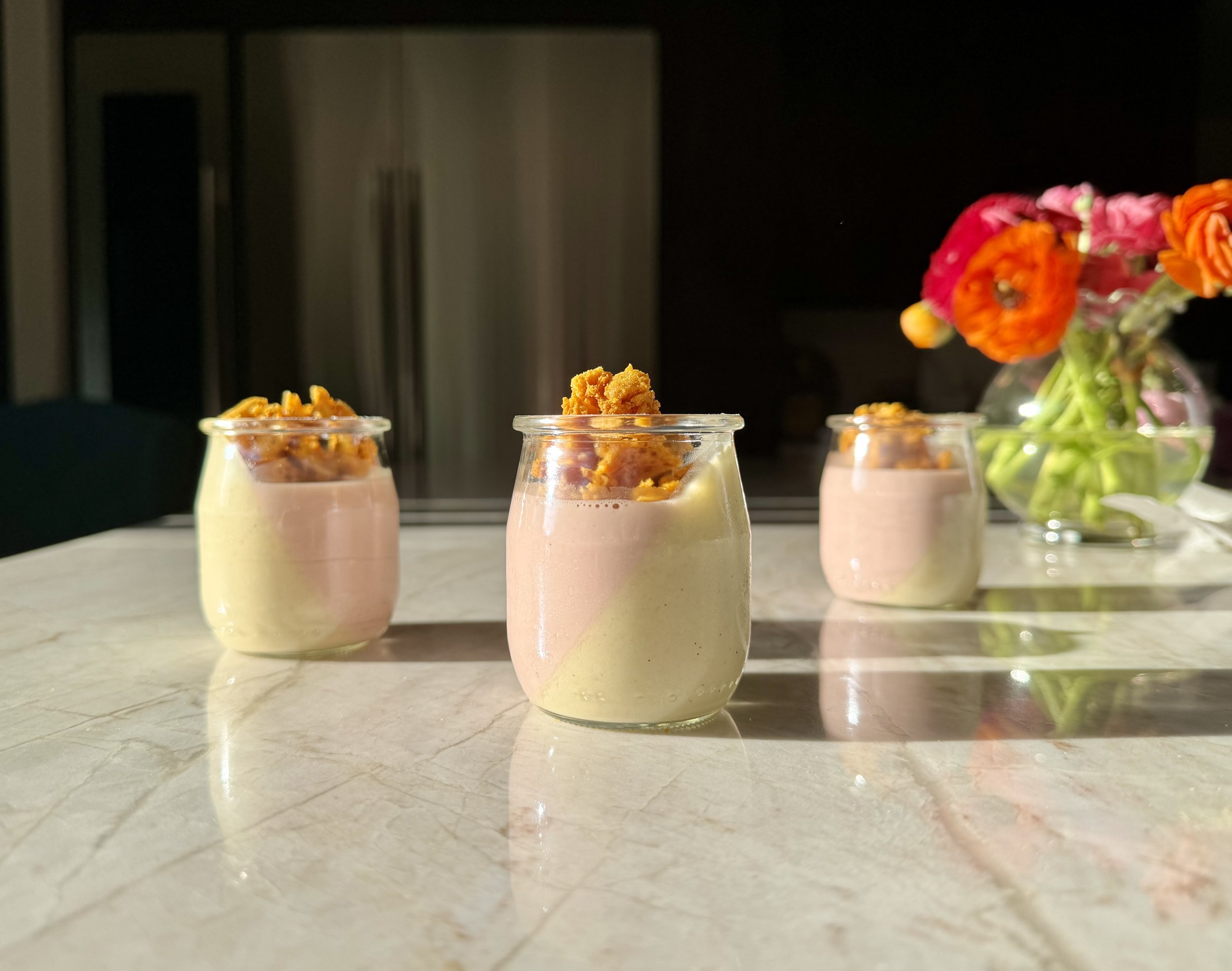 Dual Panna Cottas w/ Petit Pot: Lavender Mascarpone &amp; Spiced Pear w/ Honeycomb Pieces