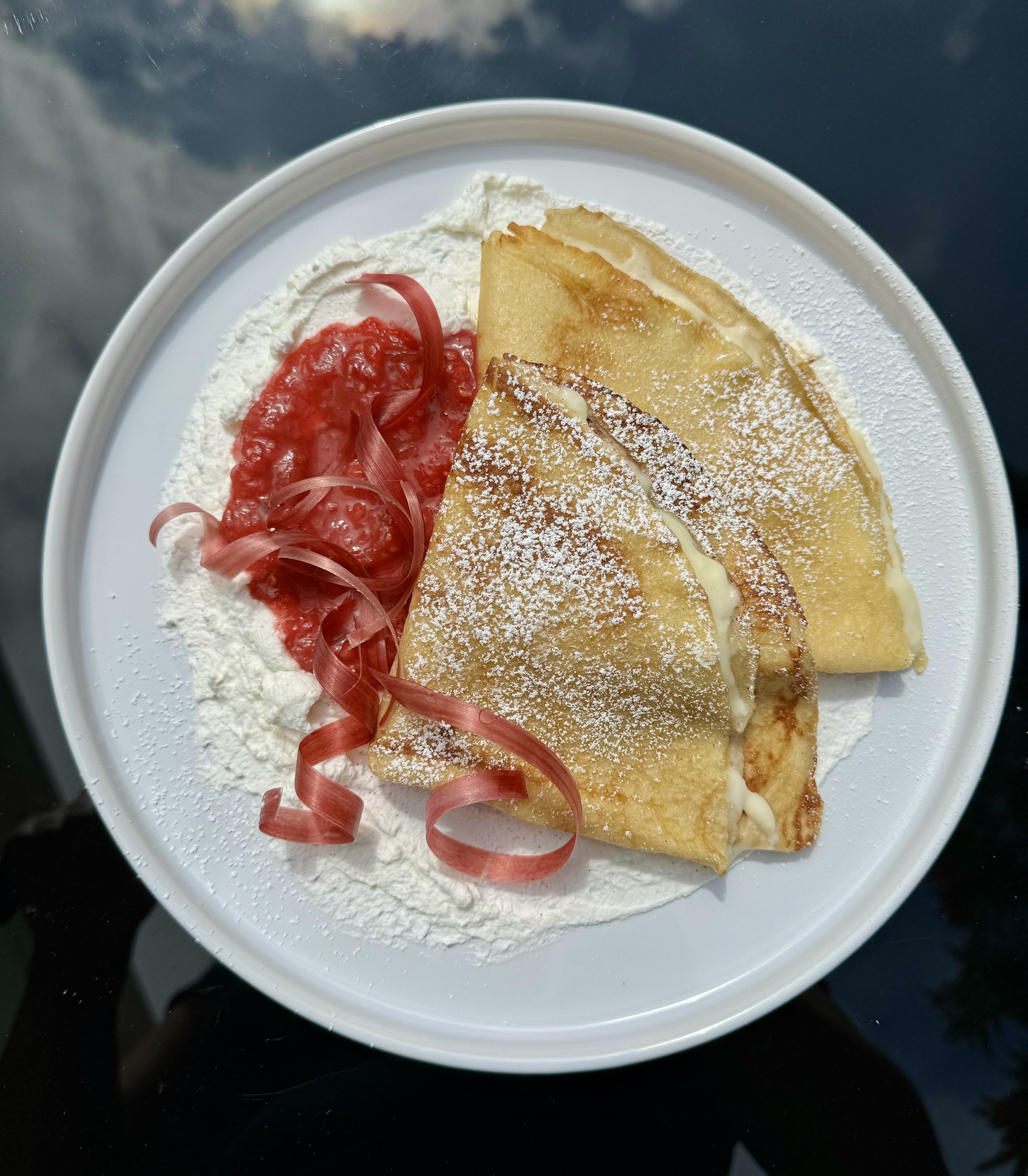 Petit Pot Crêpes with Raspberry Rhubarb Compote