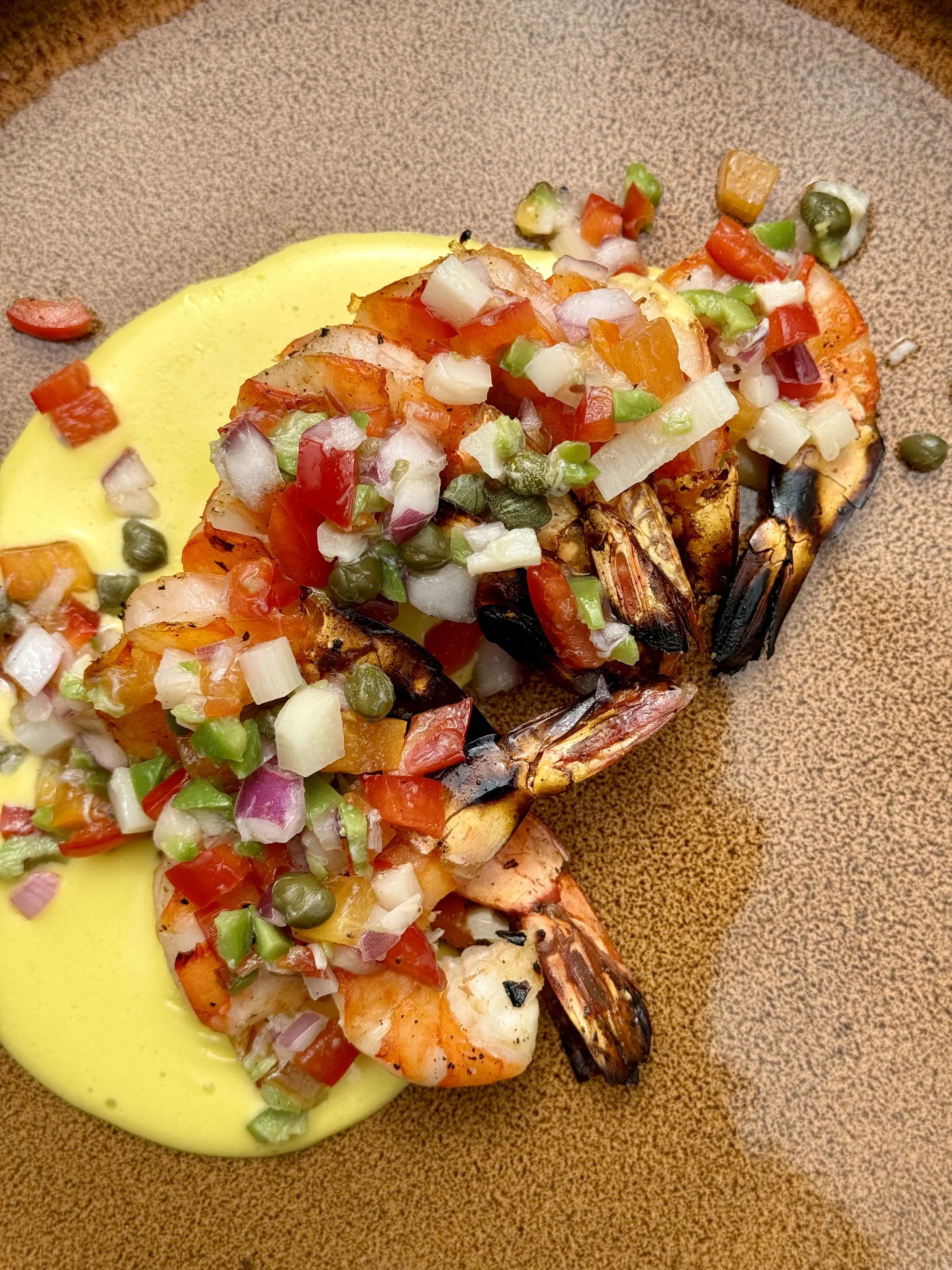 Grilled Shrimp w/ Green Olive, Persimmon, &amp; Caper Salsa over Yuzu Aioli