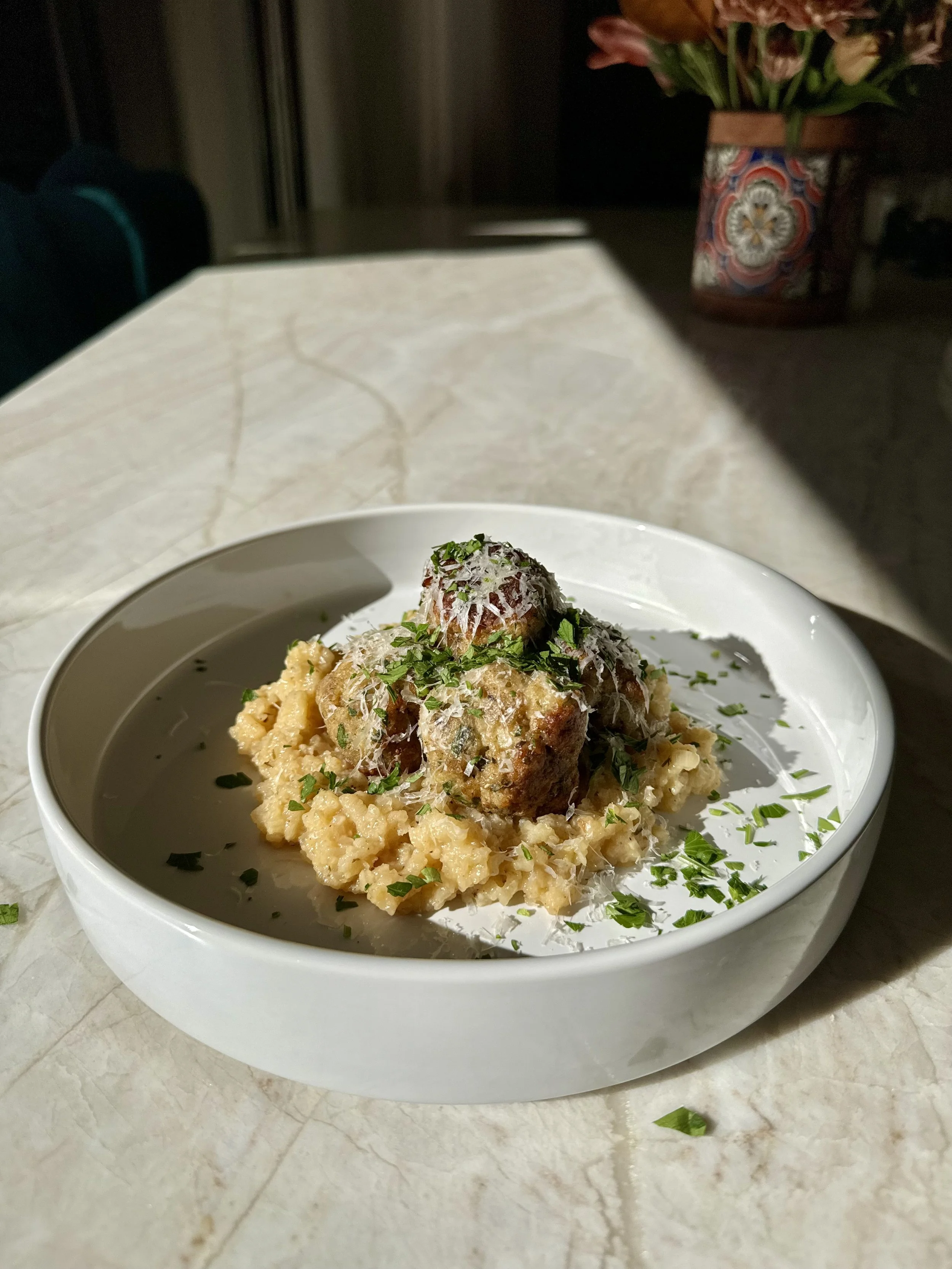 Meatballs Series, Episode 1: Lemon-Garlic Turkey Meatballs w/ Boursin over Mascarpone Risotto