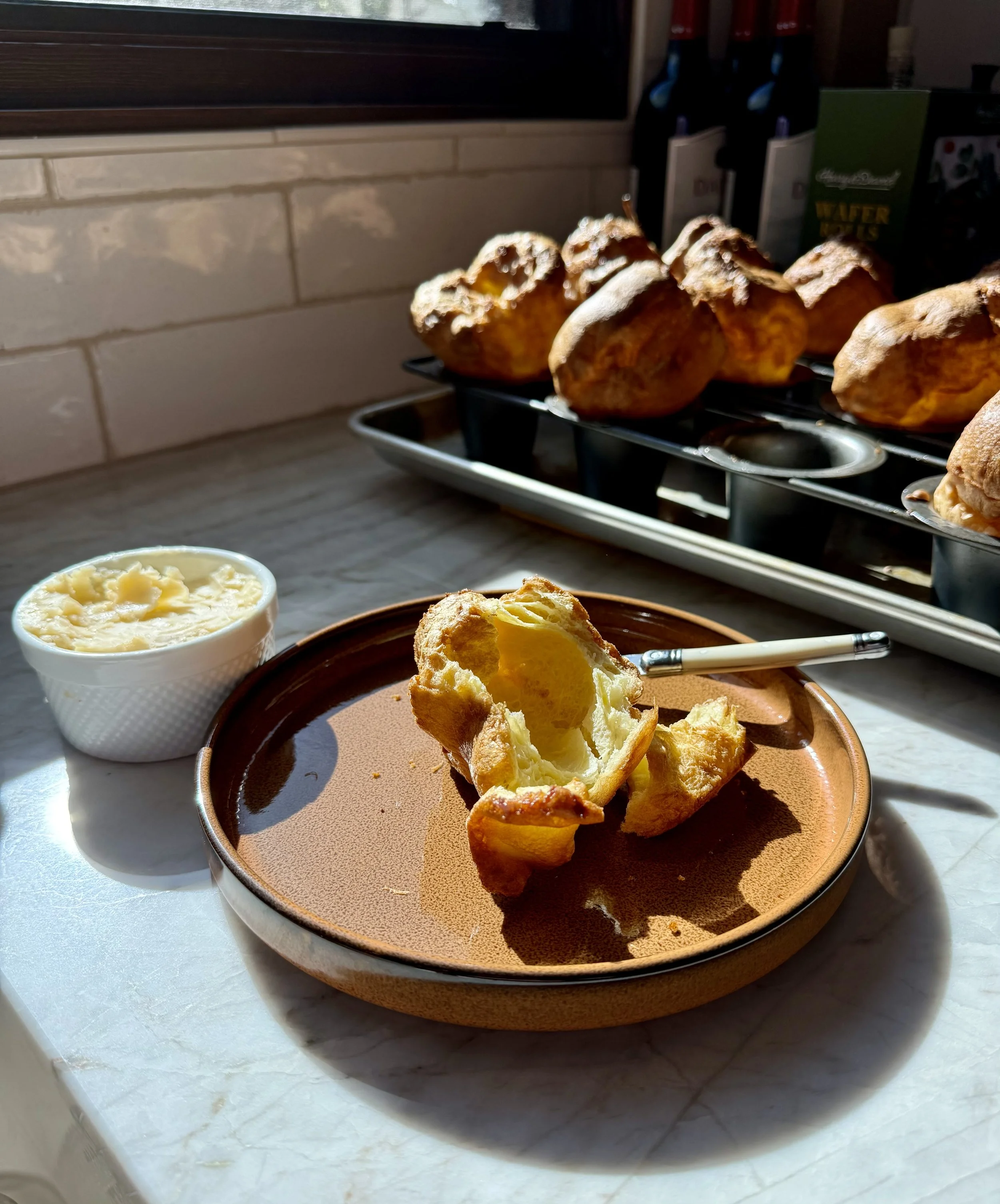 fresh popovers (Yorkshire puddings) with salted maple butter