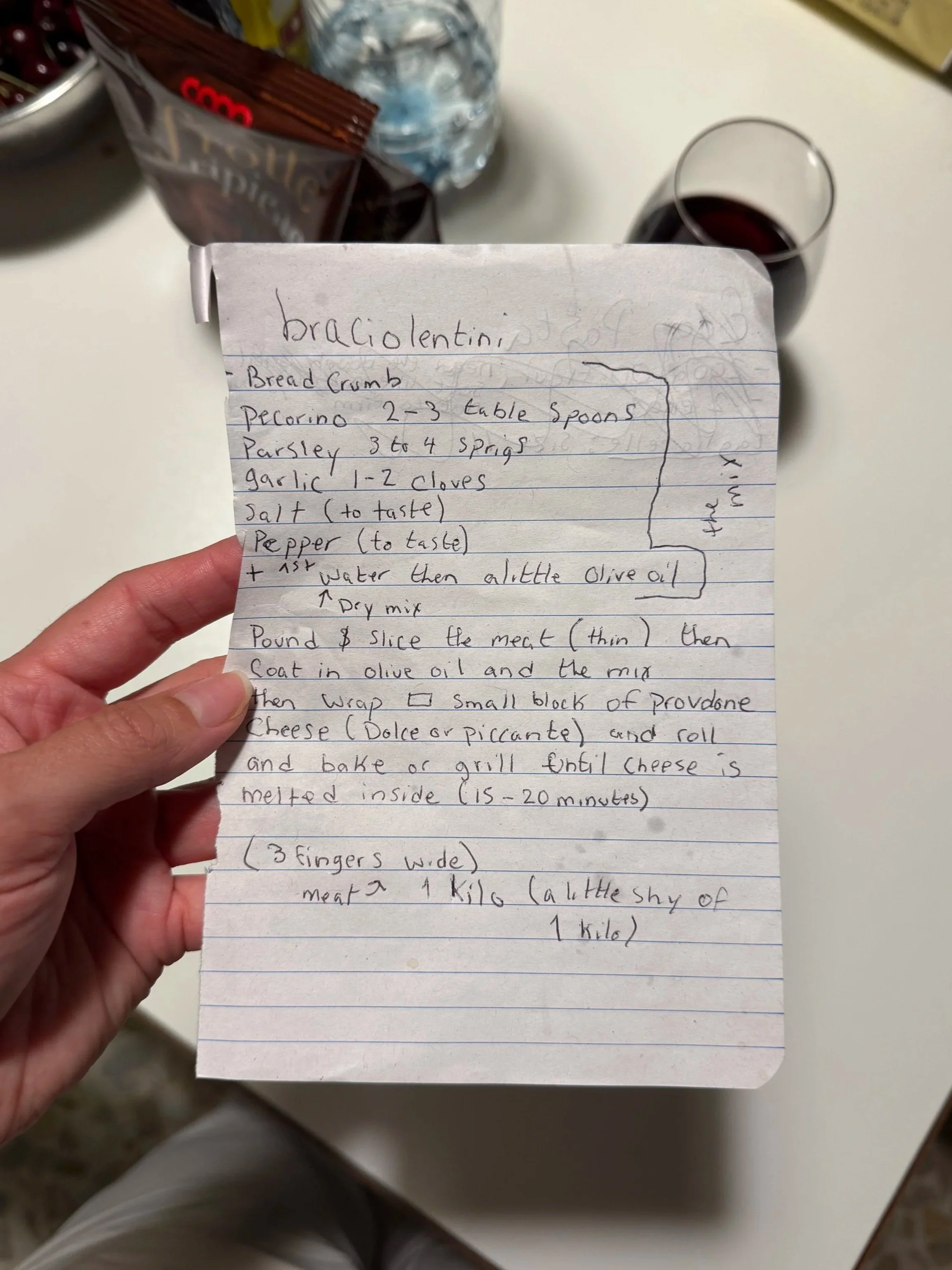 Handwritten braciolentini recipe from a culinary school classmate’s Sicilian family, with notes for sirloin beef rolls filled with provolone, Pecorino, breadcrumbs, garlic, and parsley.