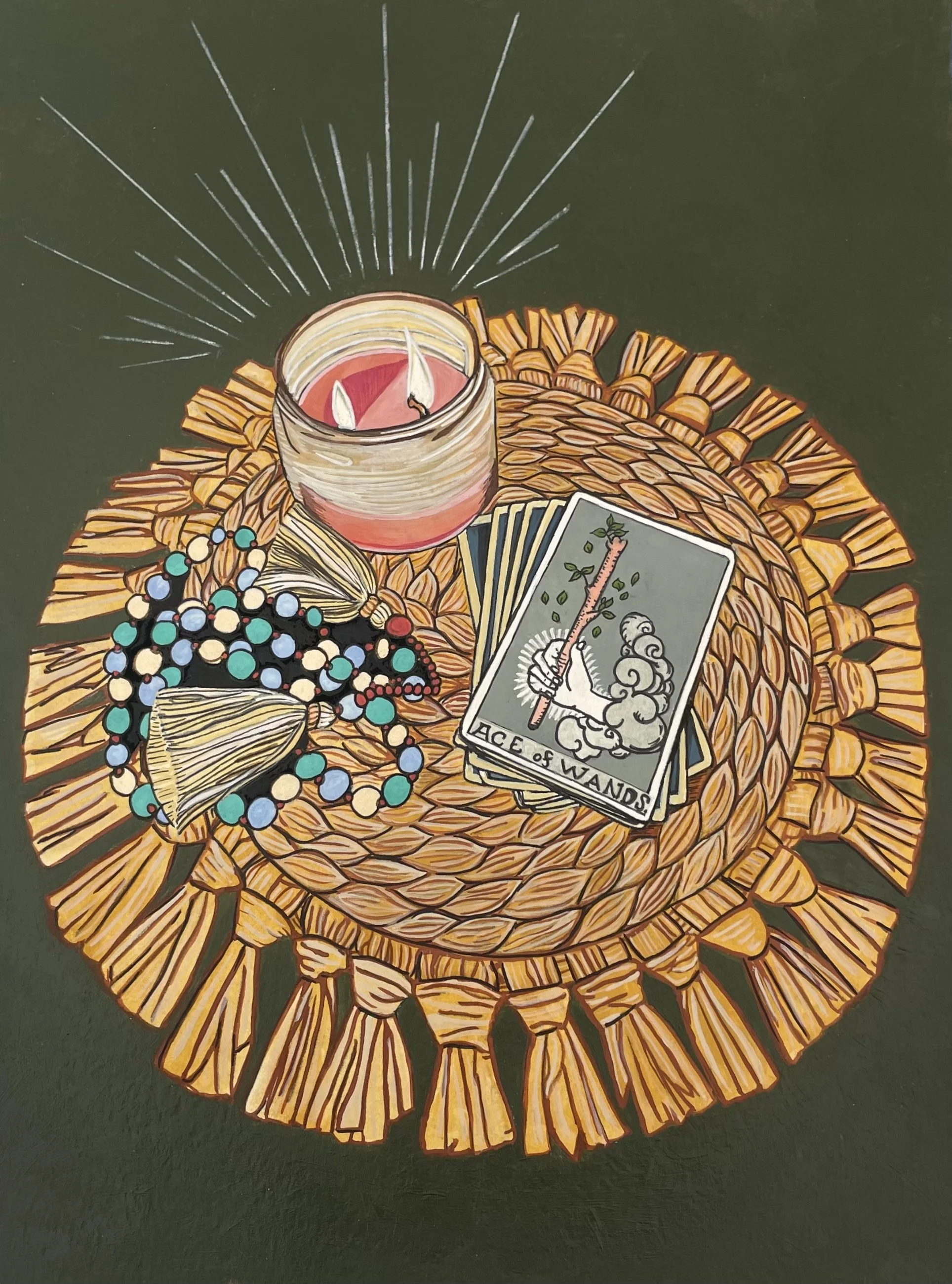 Mala Beads, Candle, and Ace of Wands on Woven Sisal.
