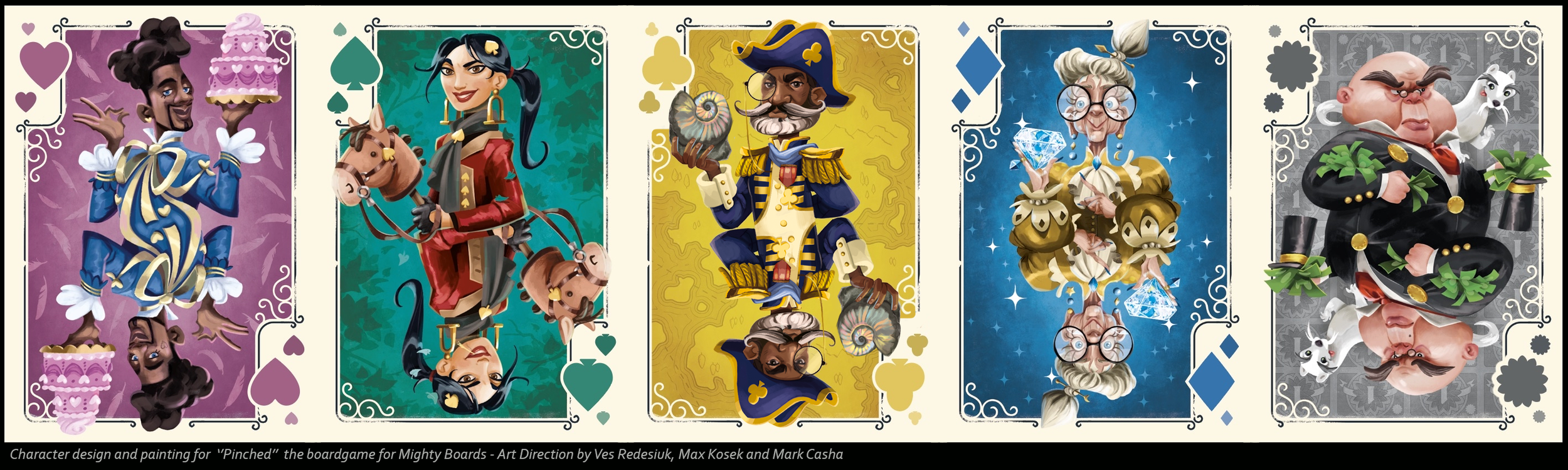 A set of character designs created for cards in ''Pinched'' from Mighty Boards - a boardgame about heists!