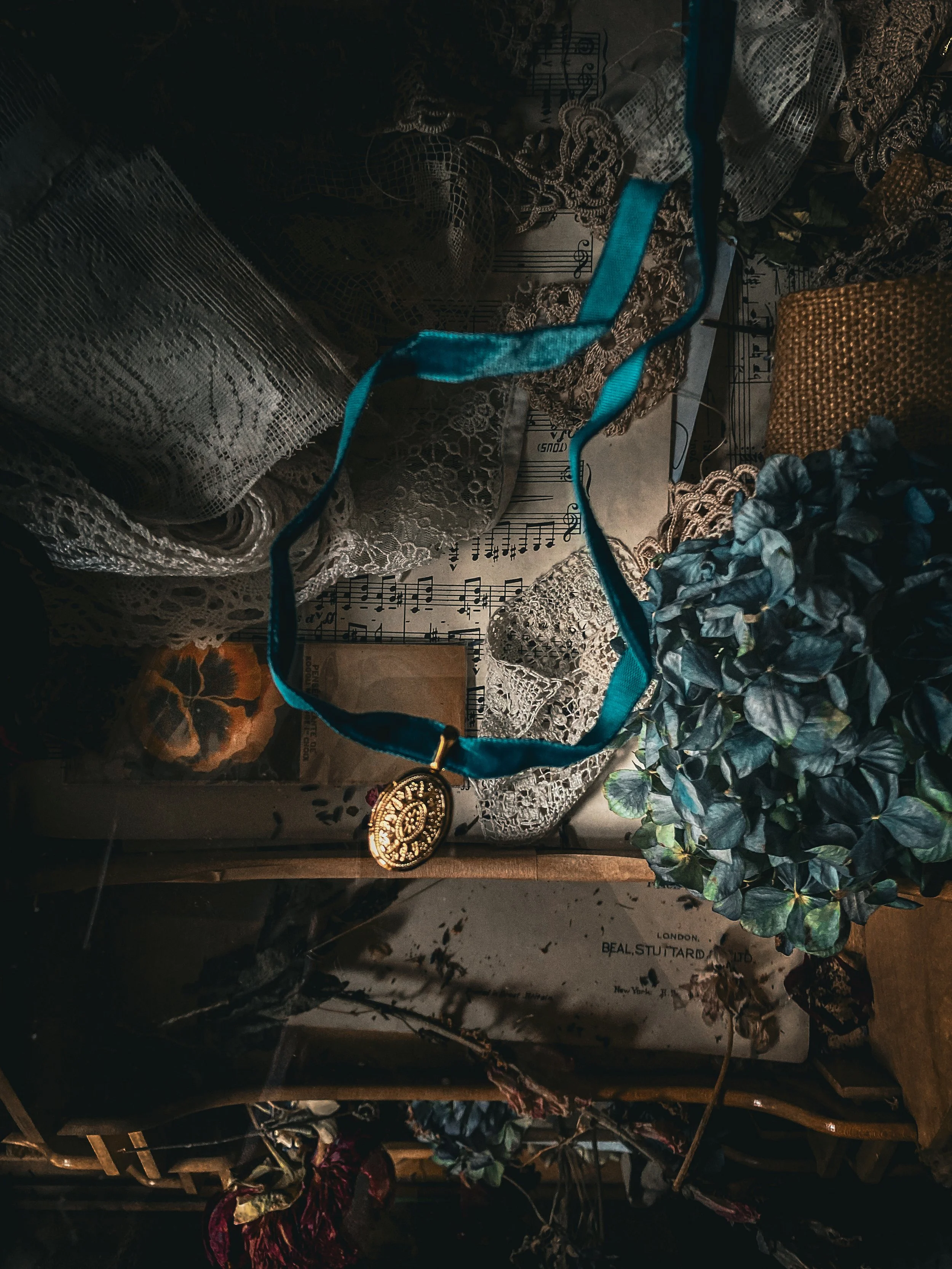 Gold Plated Engraved Locket Choker with Blue Velvet Ribbon