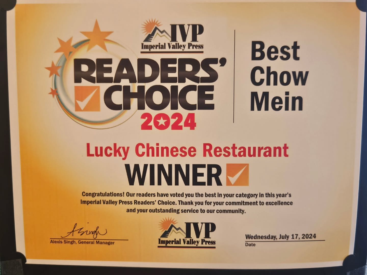 Thanks to everyone that voted! We're honored to have served the best chow Mein in the valley and we hope to continue to meet your expectations!

#luckychineserestaurant #elcentroca #smallbusiness #localbusiness #chinesefood #chinesecuisine