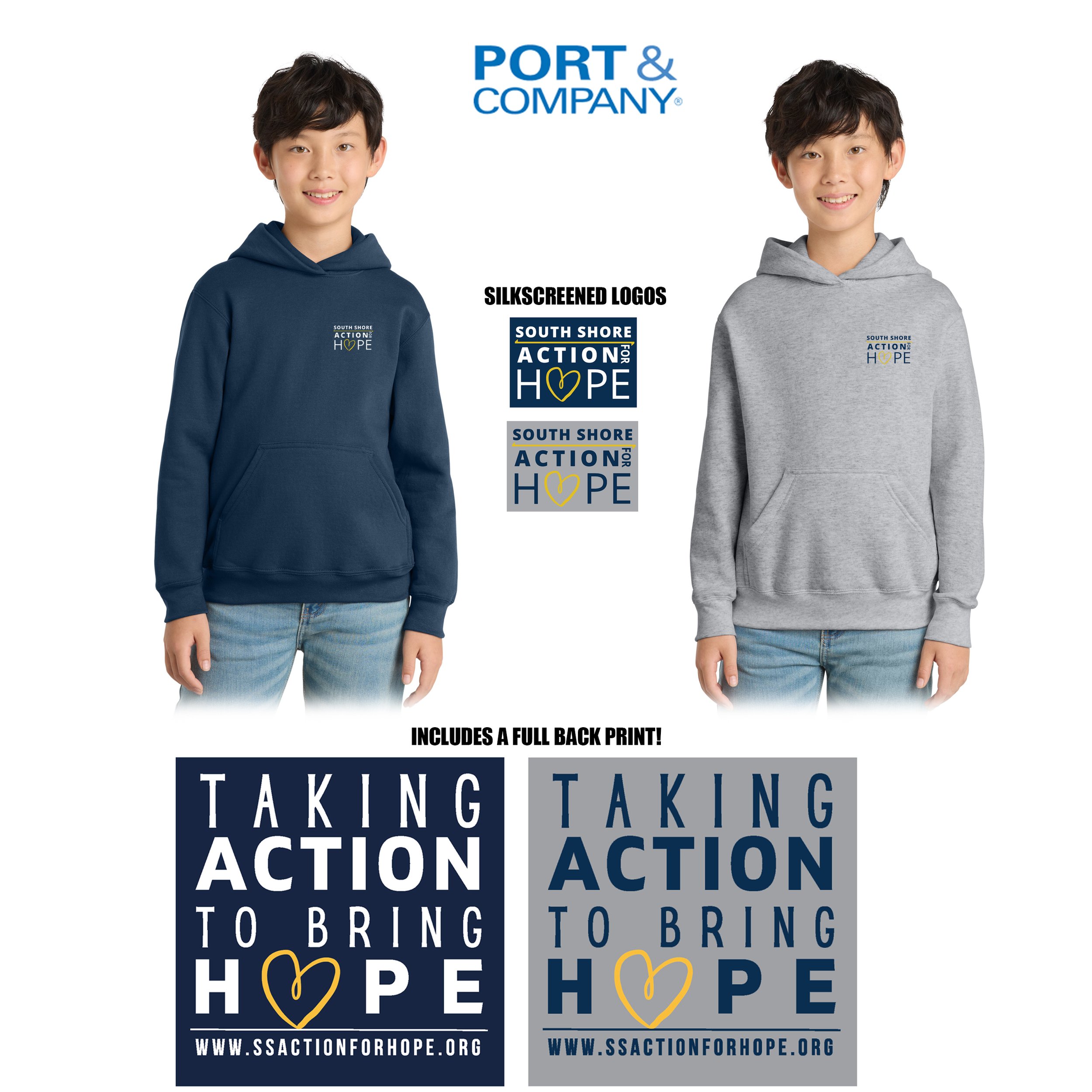 South Shore Action For Hope Port & Co™ Youth Core Fleece Pullover Hooded Sweatshirt, Youth Unisex Fit, #PC78YH