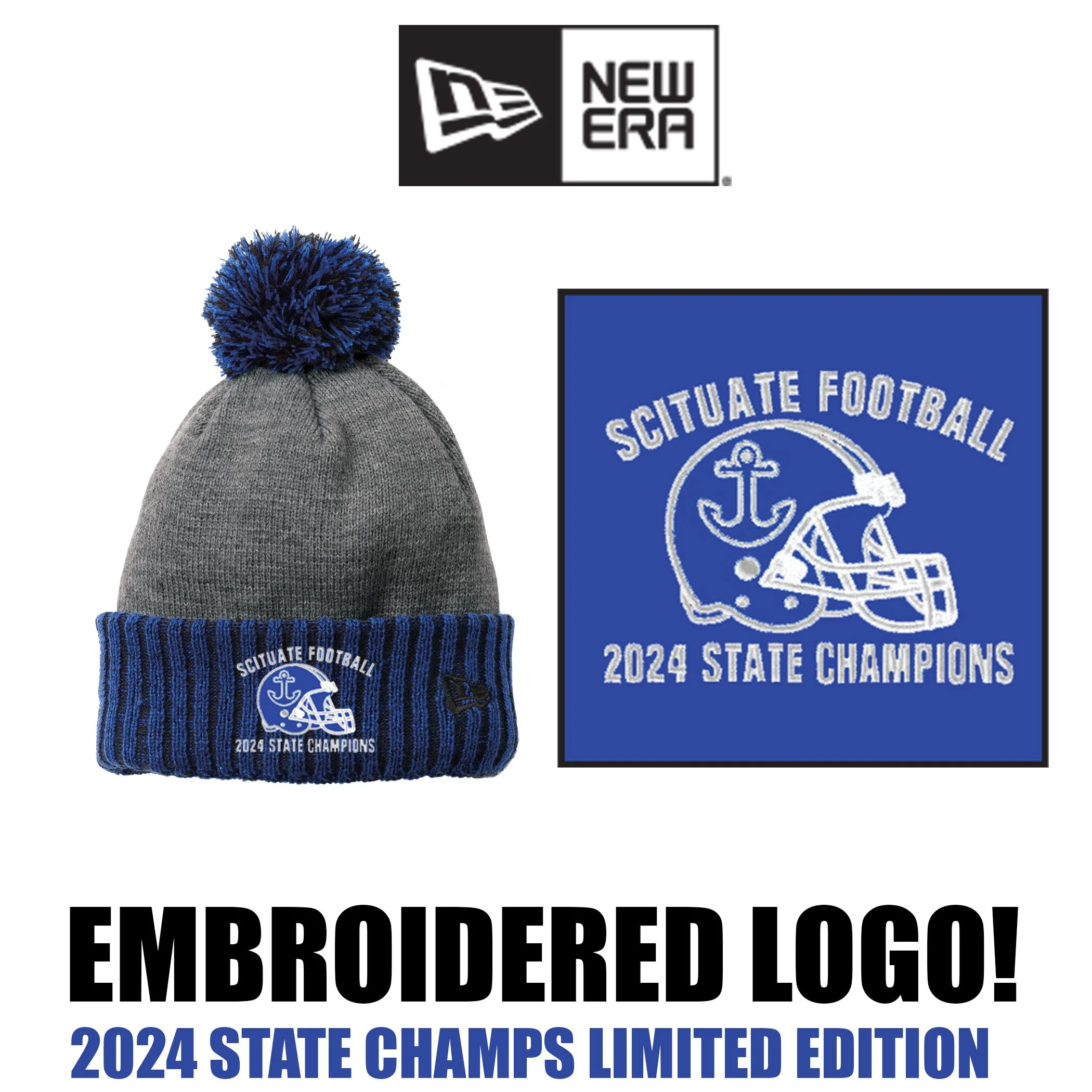 Scituate High School Football Boosters New Era ® Colorblock Cuffed Beanie (Royal/Heather Grey),  #NE904, 2024 Champions Logo