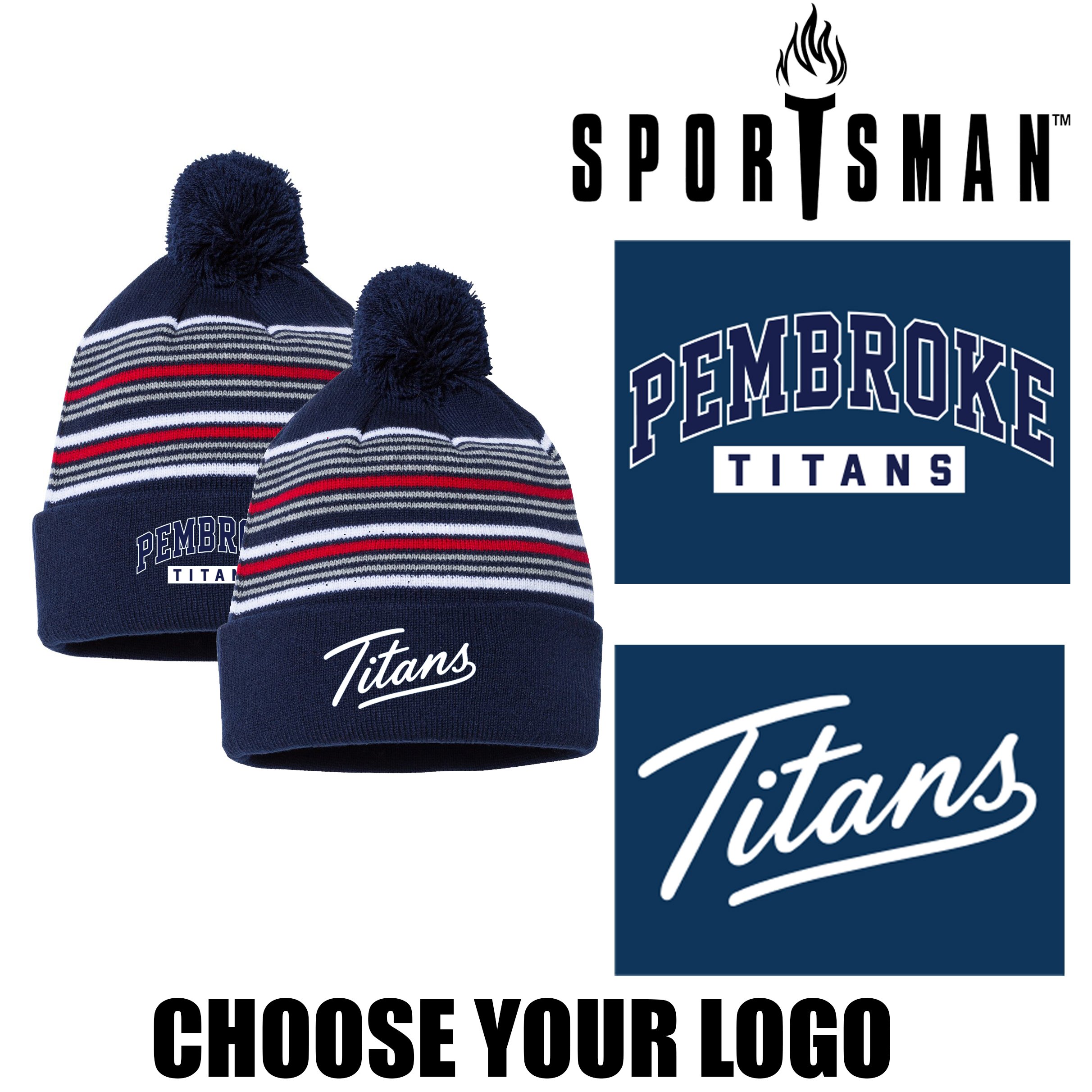 Bryantville Elementary School Sportsman 12" Striped Pom-Pom Cuffed Beanie, Navy/ White/ Grey/ Red , #SP60