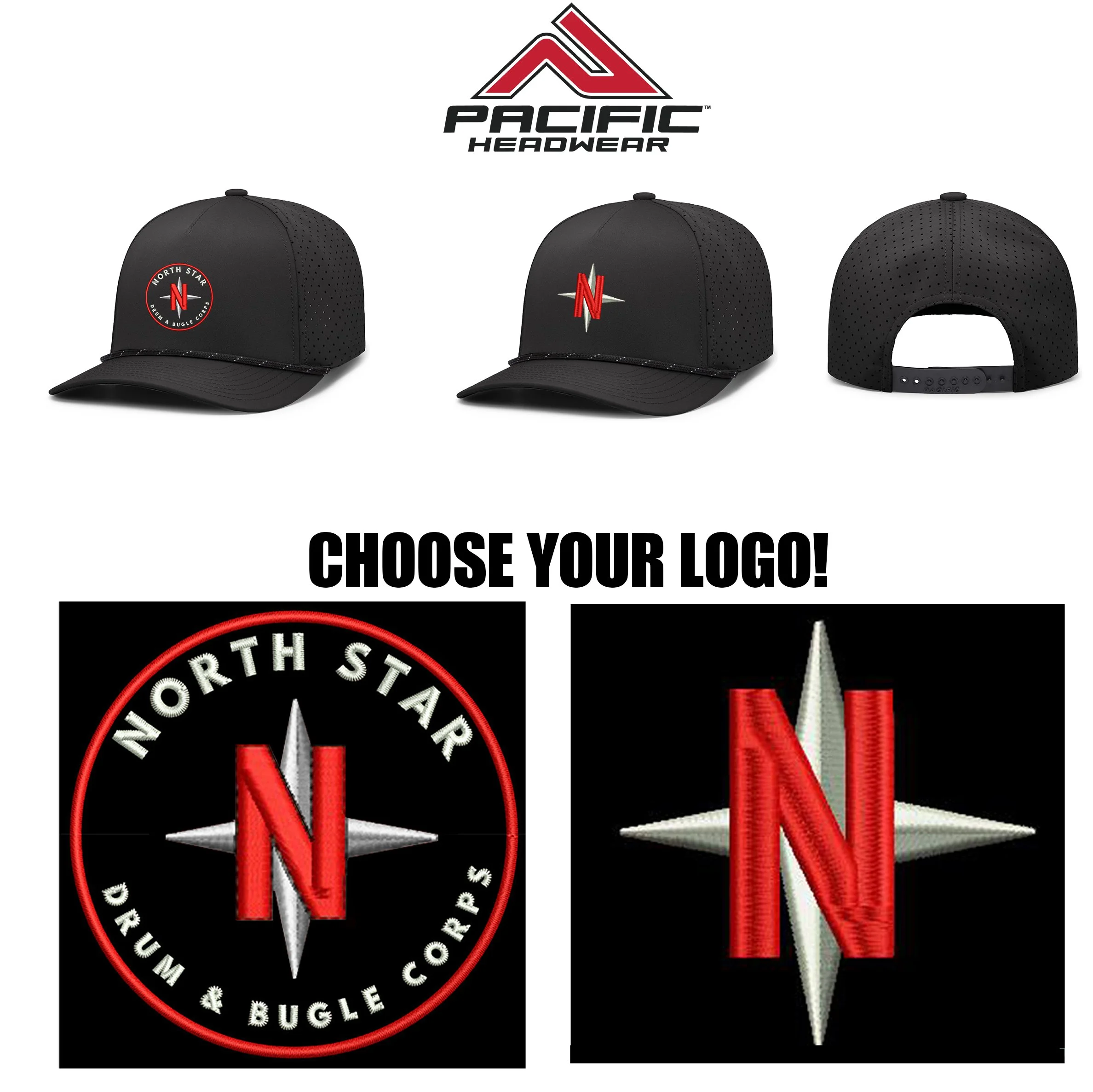 North Star Drum & Bugle Corps Pacific Headwear Weekender Perforated Snapback Cap, Black/Black/White, #P424