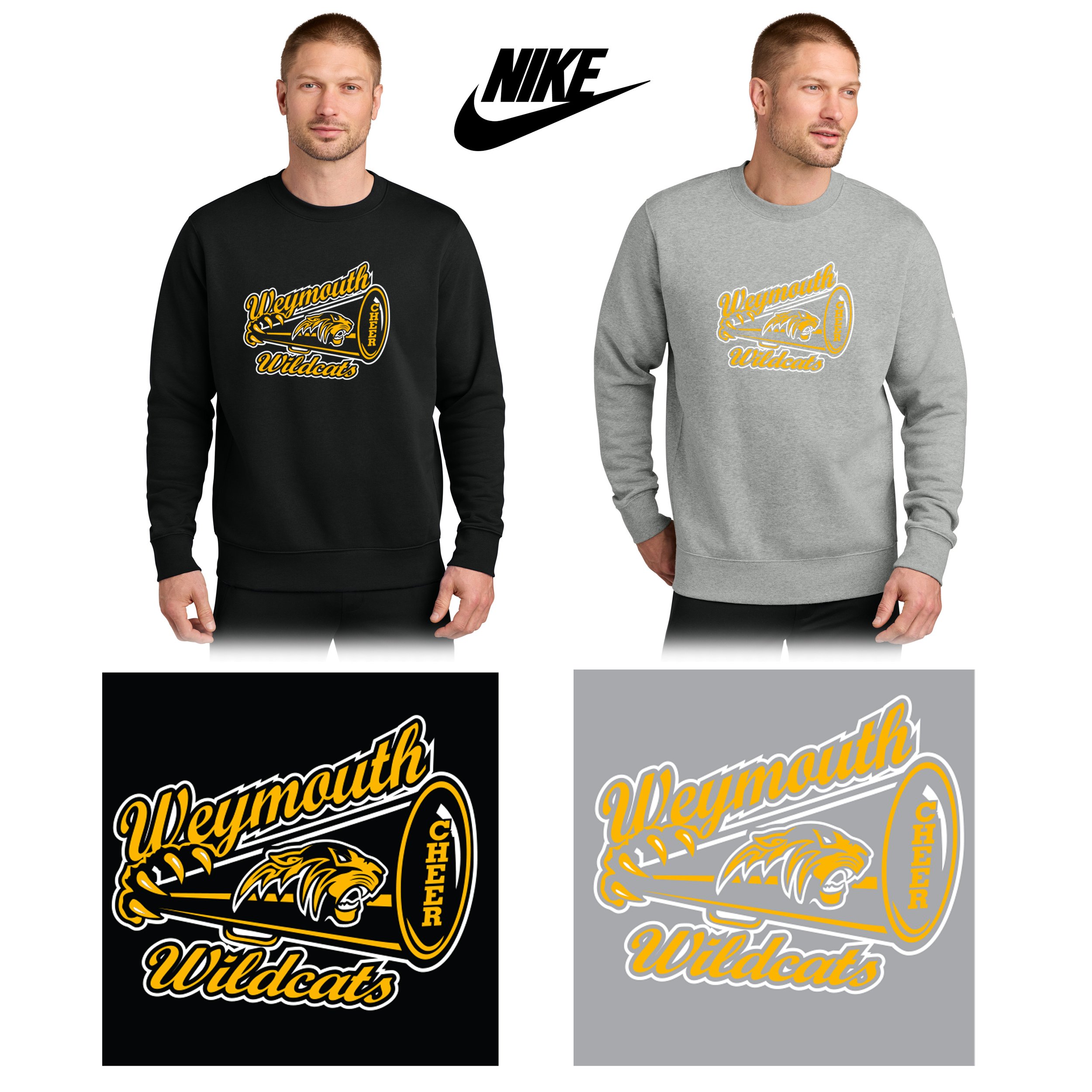 Weymouth Youth Cheer Nike Club Fleece Sleeve Swoosh Crew, Adult Unisex/Men’s Fit, #NKFD9863