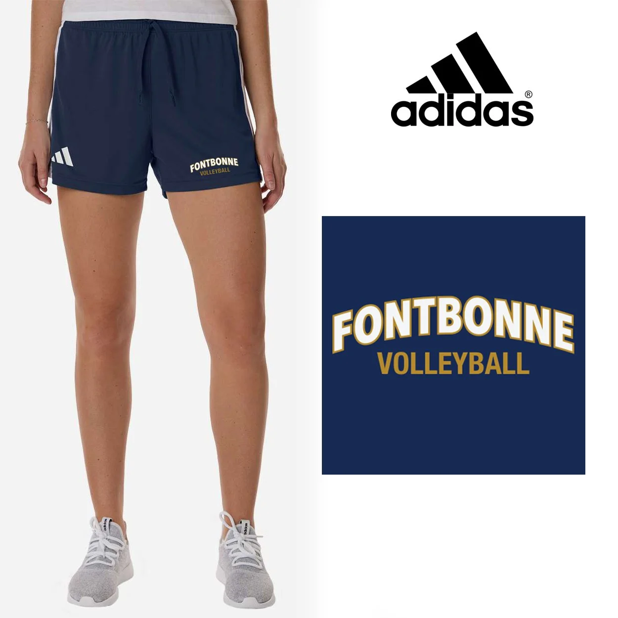 Fontbonne Academy Volleyball Adidas Women's 3-Stripes 3" Shorts, Women’s Fit, #AT301