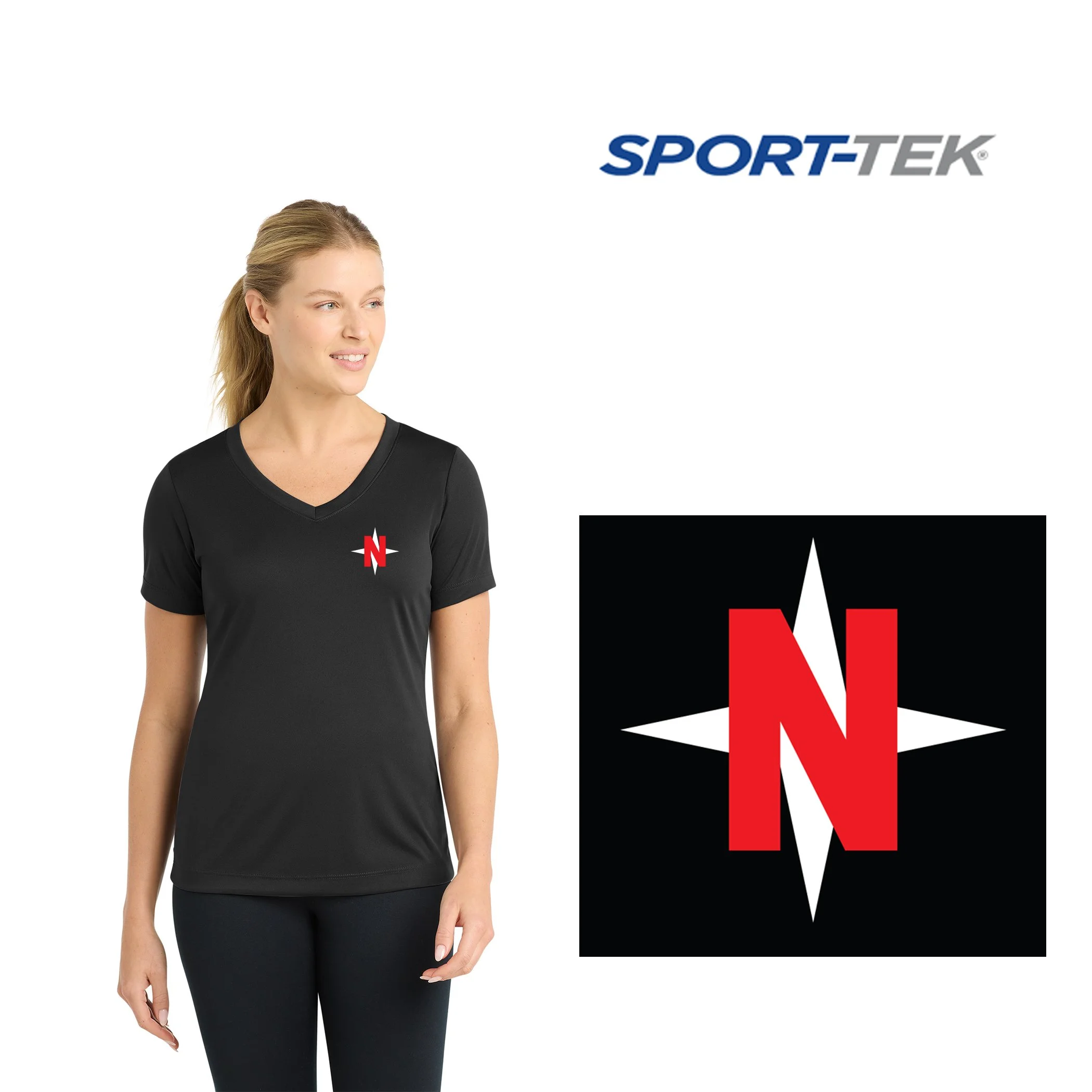 North Star Drum & Bugle Corps Sport-Tek® Women's PosiCharge® Competitor™ V-Neck Tee, 2 Color Print, Women’s Fit, #LST353
