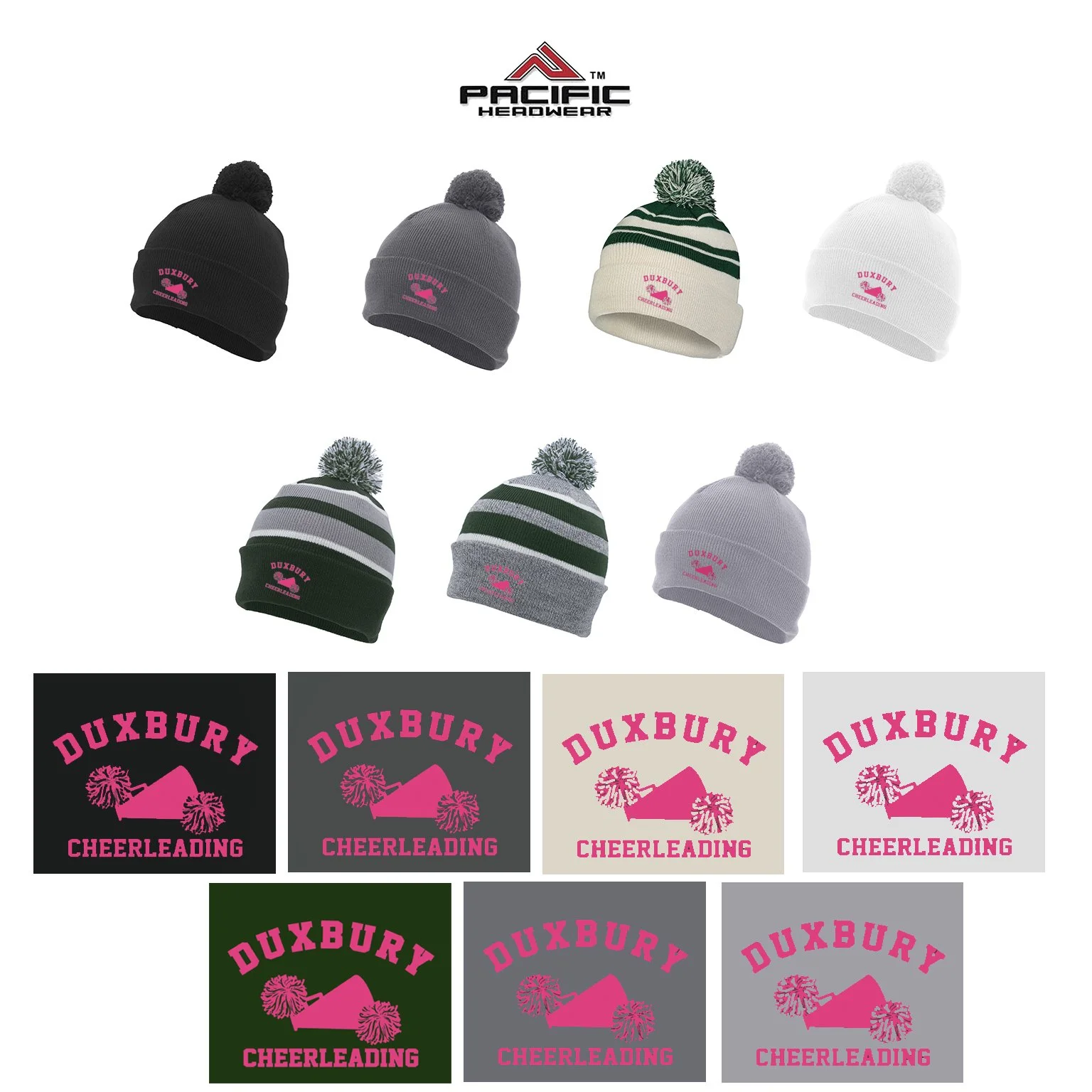 DDYC Duxbury Dragons Youth Cheerleading Pacific Headwear Knit Fold Over Pom-Pom Beanie #641K