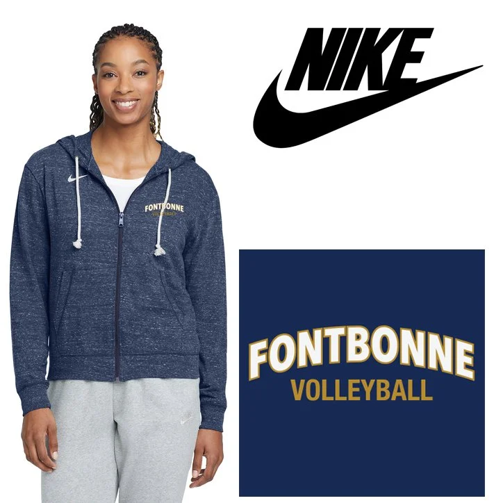 Fontbonne Academy Volleyball Nike Women's Gym Vintage Full-Zip Hoodie, Embroidered, Women’s Fit, #CN9402