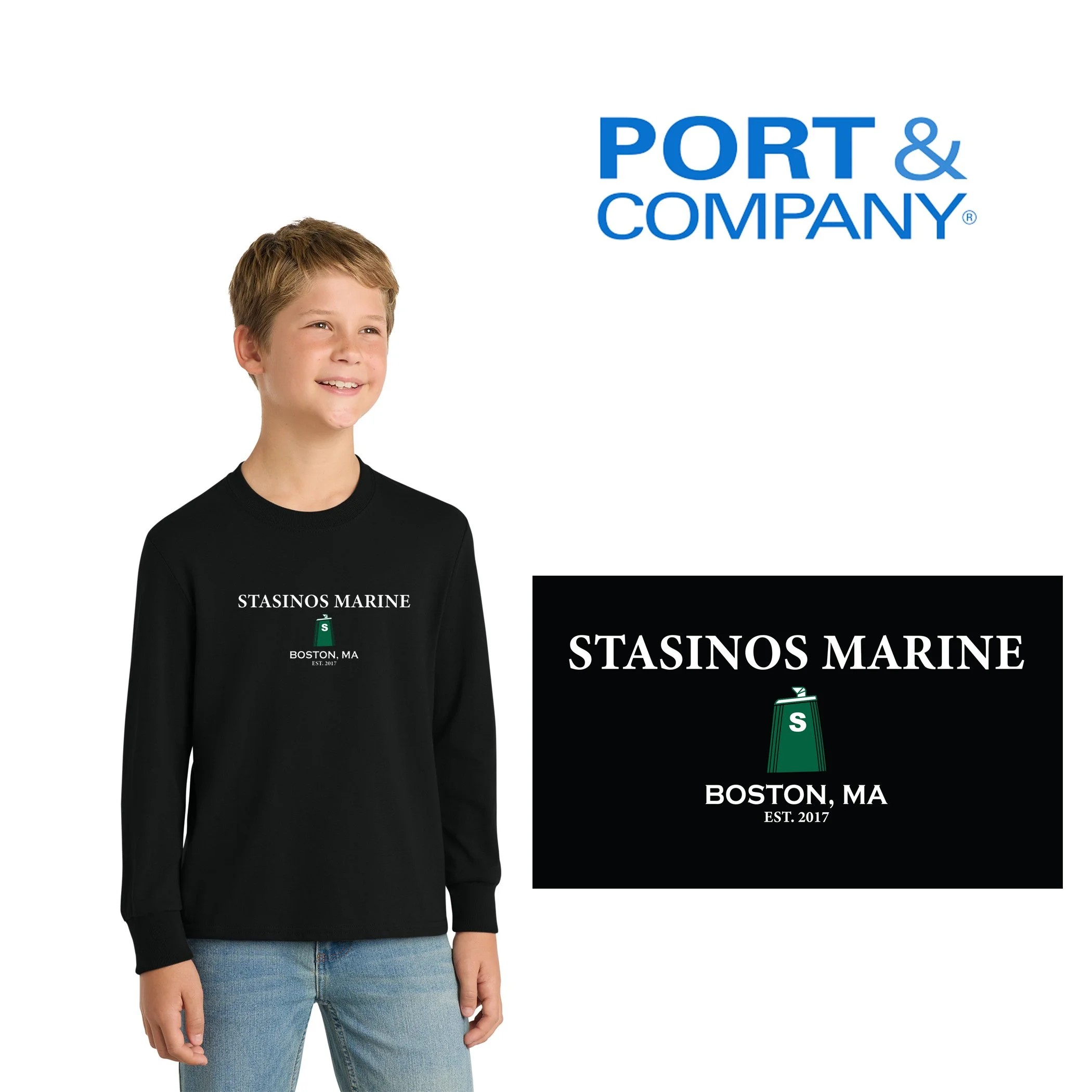 Stasinos Marine Port & Co™ Youth Long Sleeve Core Cotton Tee, BOSTON, MA EST. 2017 Edition, Youth Unisex Fit, #PC54YLS