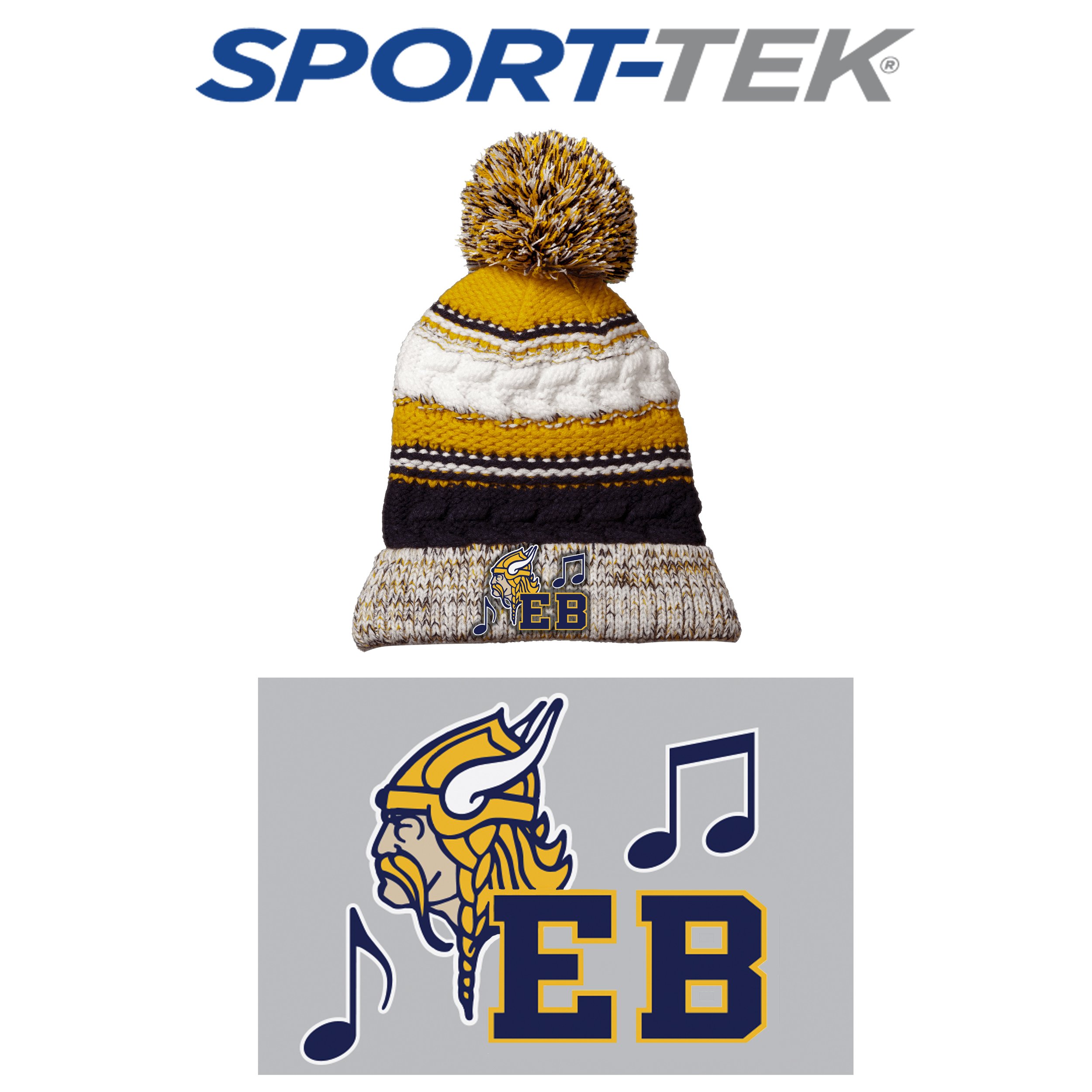 East Bridgewater Music Parents Association Sport-Tek® Pom Pom Team Beanie, True Navy/ Gold/ White Striped Combo, #STC21