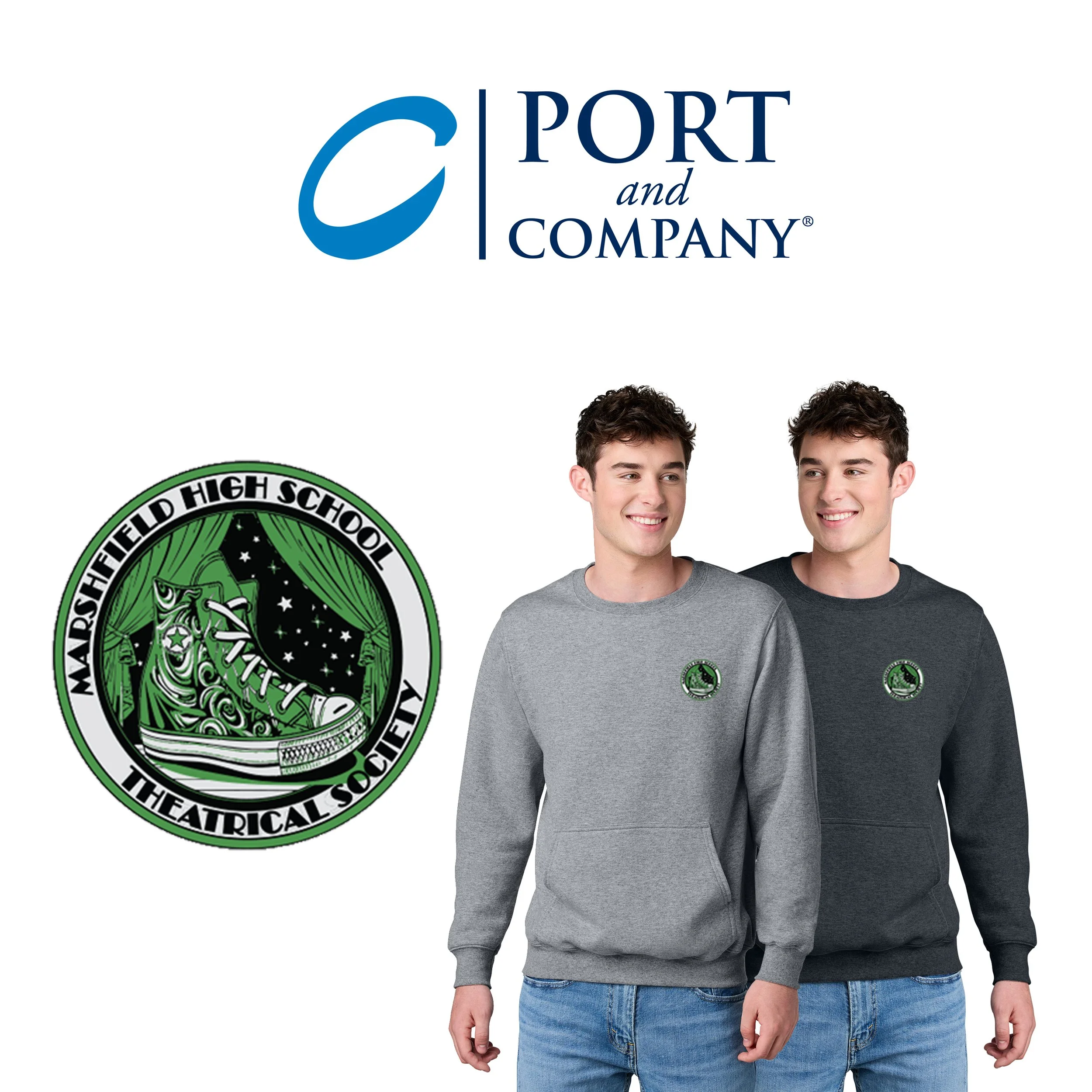 Marshfield High School Theatrical Society Port & Co™ Core Fleece Crewneck Pocket Sweatshirt, Adult Unisex/Men’s Fit, #PC78PKT