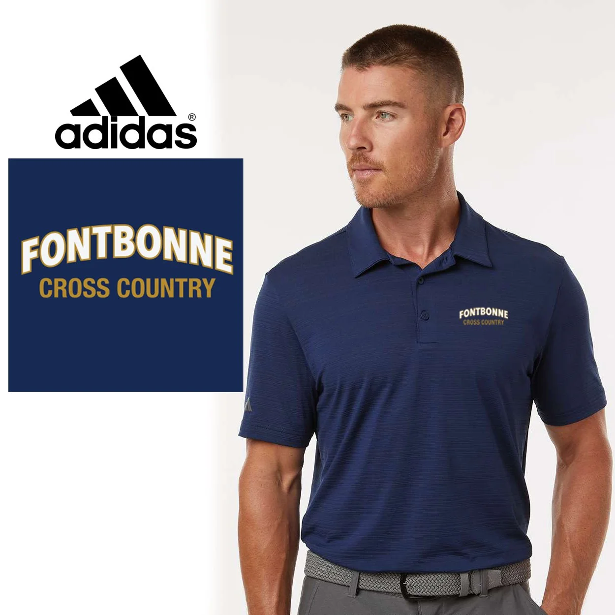 Fontbonne Academy Cross Country Adidas Men's Textured Stripe Polo, Men’s/Adult Unisex Fit, #A704