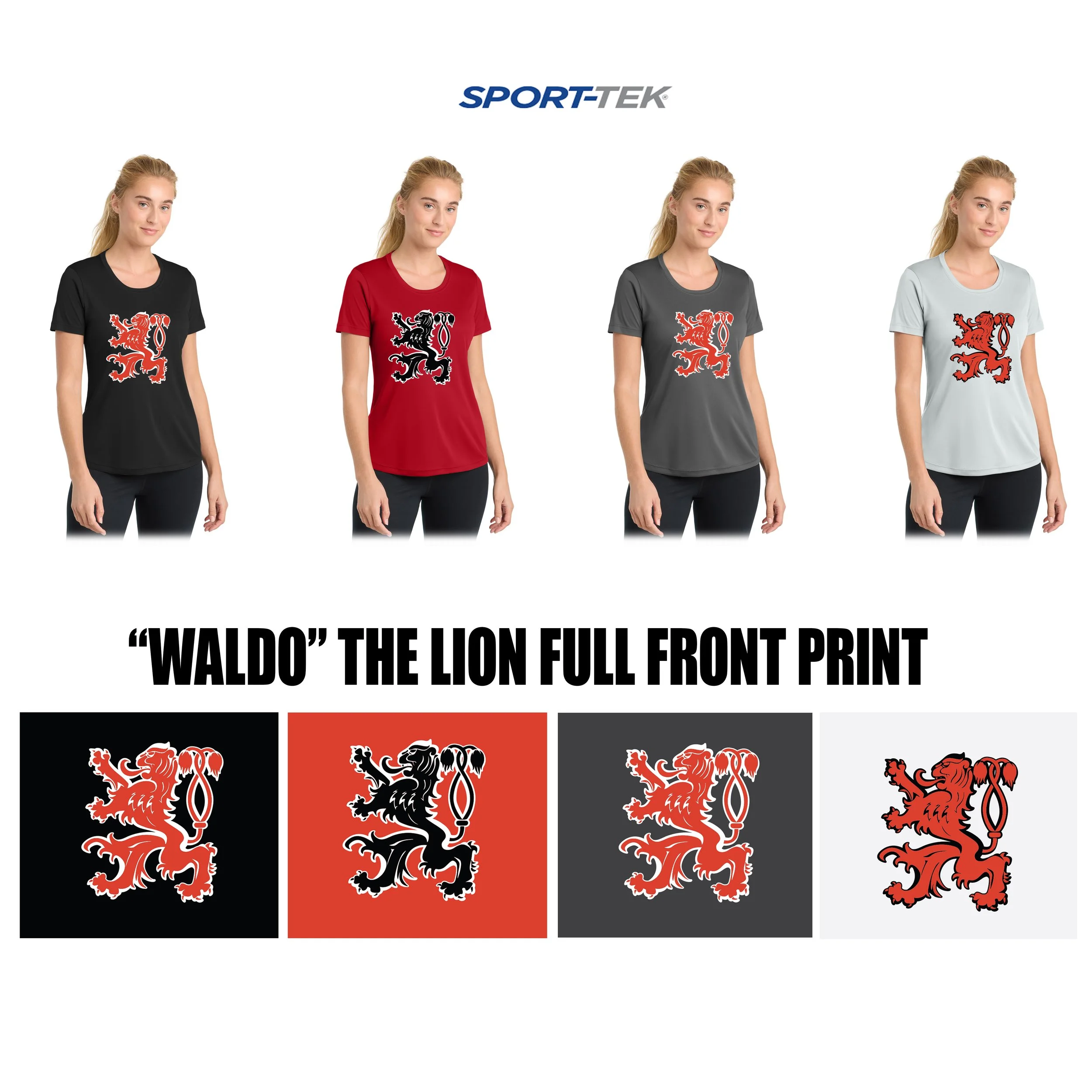 Item: Crusaders Sr. Corps Sport-Tek® Women's PosiCharge® Competitor™ Tee, “WALDO” Large Lion version, Women’s Fit, #LST350 Stock  Number: LST350 Color: True Red, Black, Iron Grey, Silver Imprint: 1 Lo
