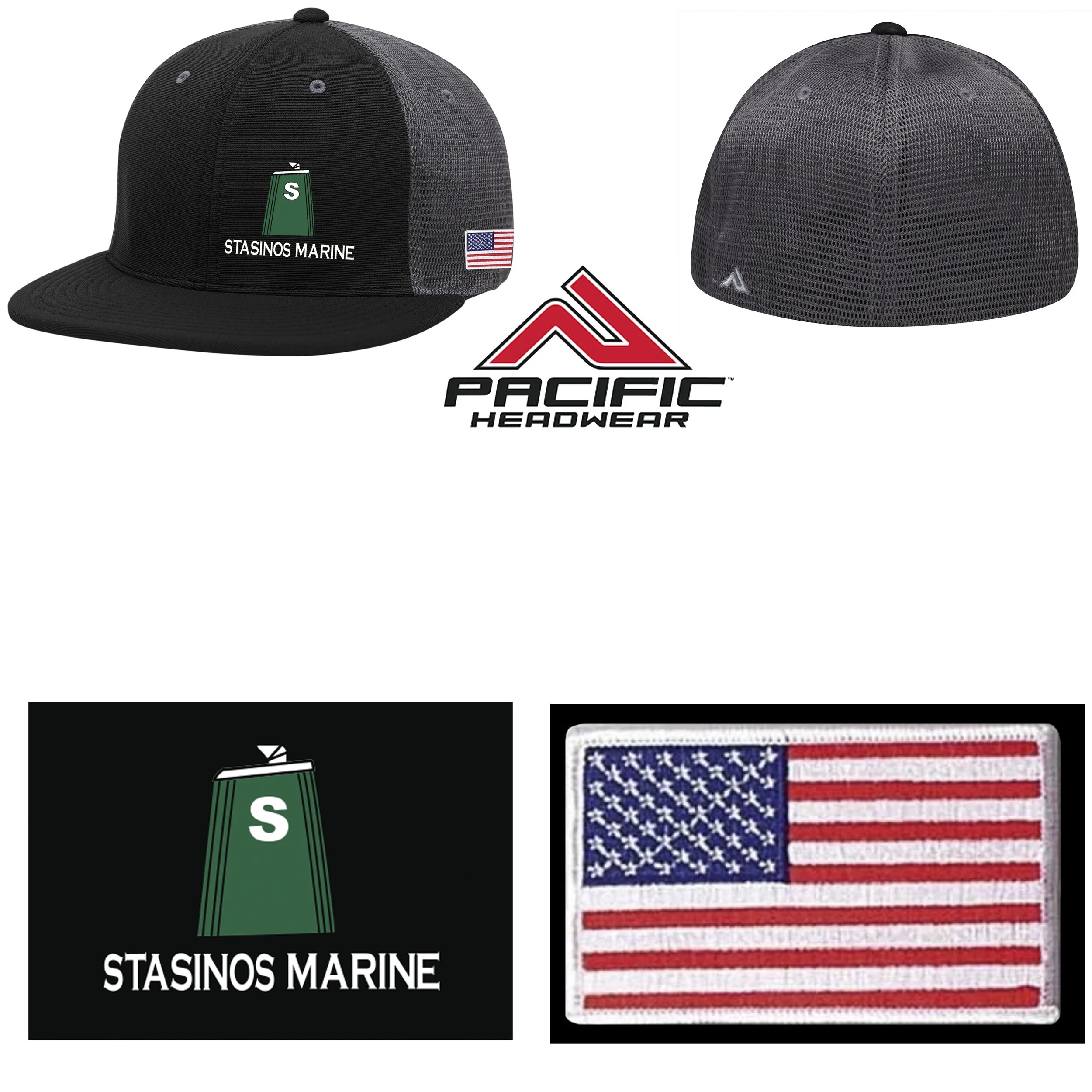 Stasinos Marine Pacific Headwear Premium M2 Performance Trucker Flexfit® Cap, AMERICAN FLAG IMPRINT INCLUDED, Black/Dark Grey, #ES341