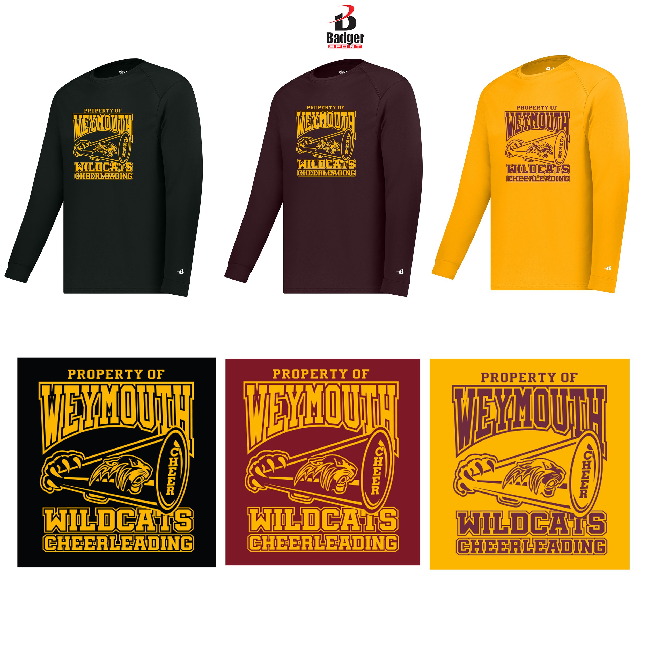 Weymouth Youth Cheer Badger Sport B-Core Long Sleeve Tee, Adult Unisex/Men’s Fit, #410400