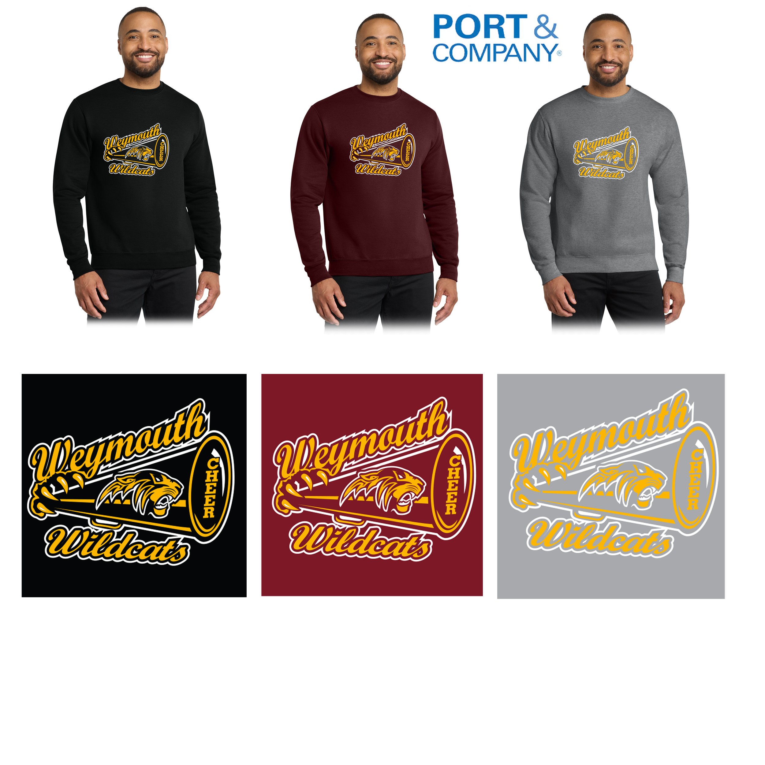 Weymouth Youth Cheer Port & Co® Core Fleece Crewneck Sweatshirt, Adult Unisex/Men’s Fit, #PC78