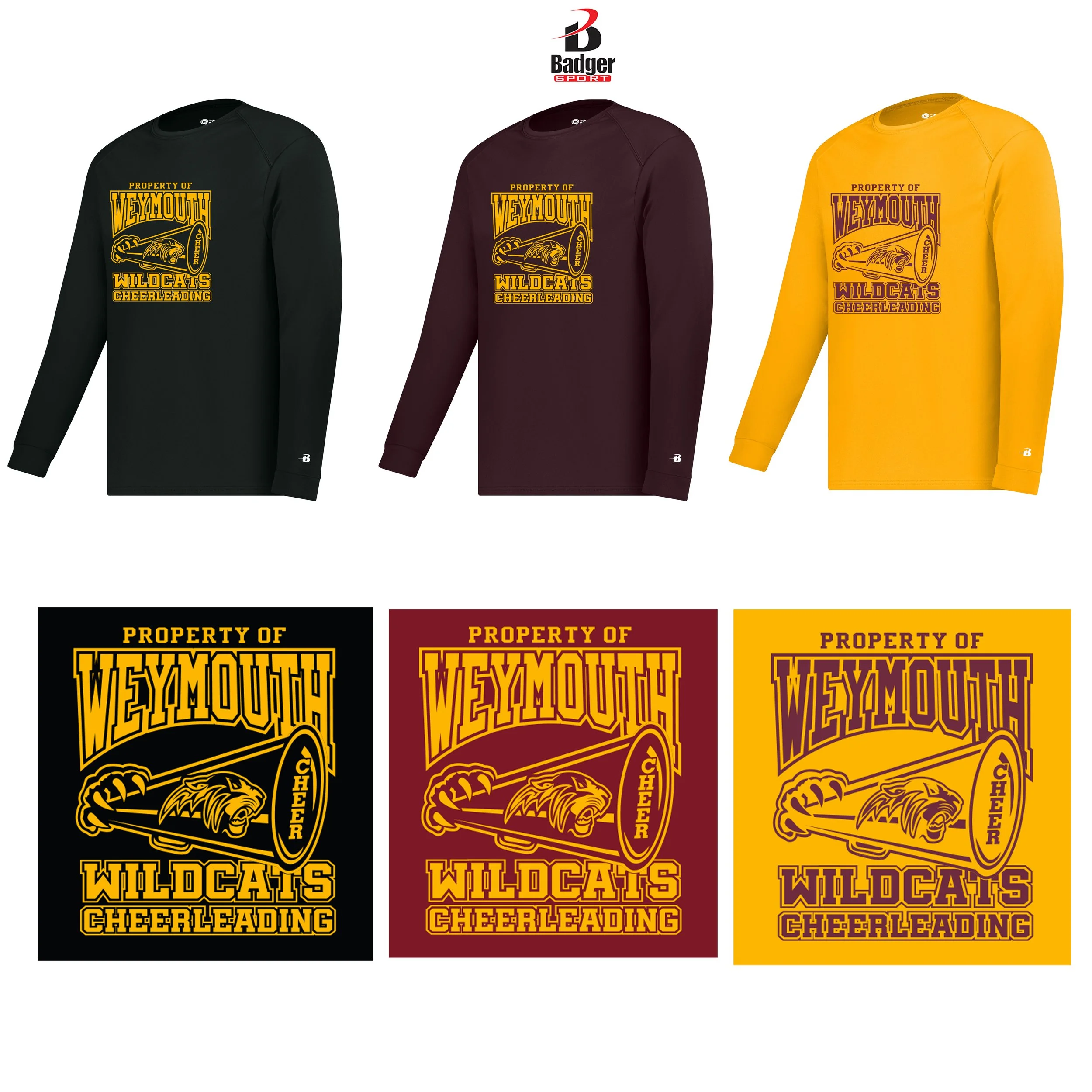 Weymouth Youth Cheer Badger Sport Youth B-Core Long Sleeve Tee, Youth Unisex Fit, #210400