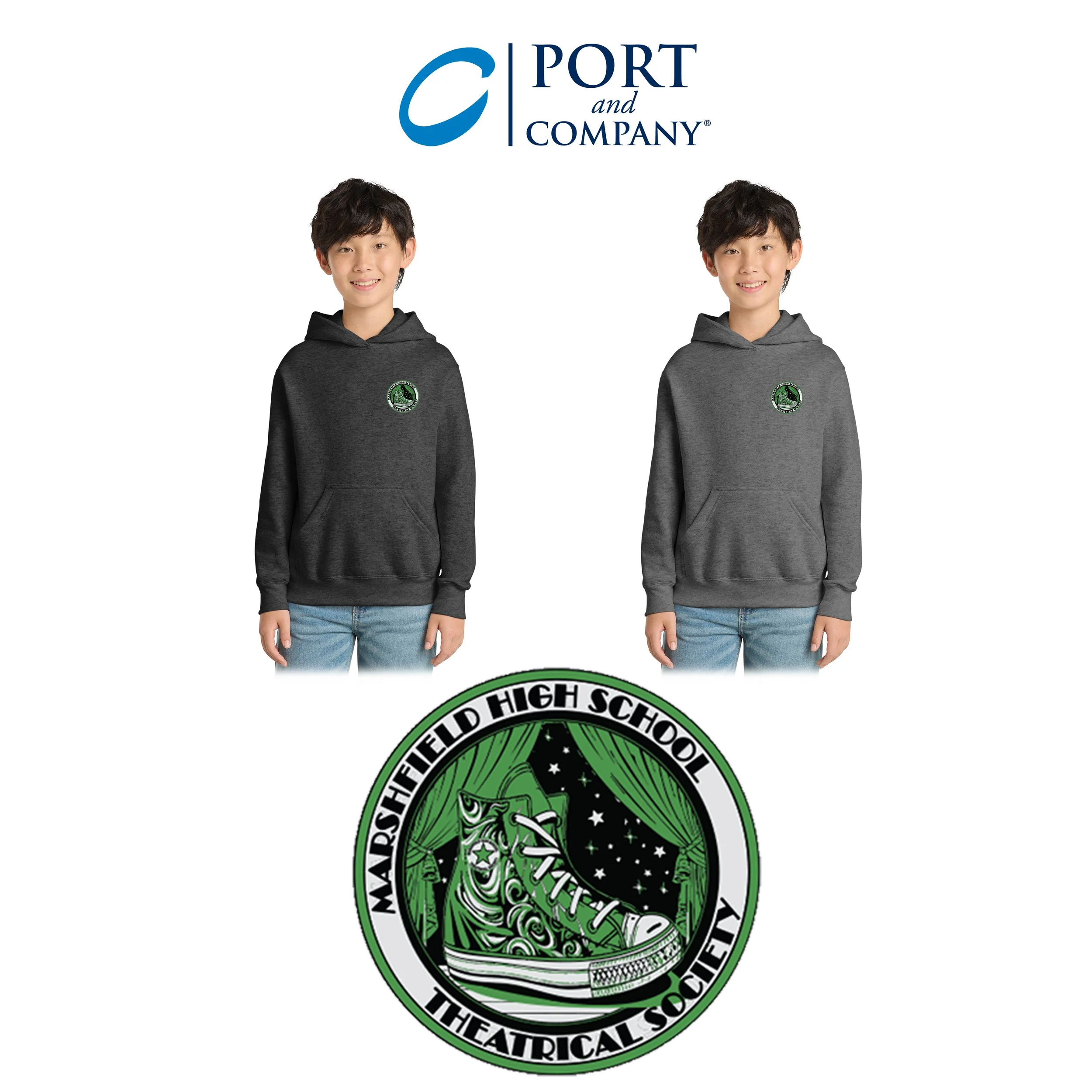 Marshfield High School Theatrical Society Port & Co™ Youth Core Fleece Pullover Hooded Sweatshirt, Youth Unisex Fit, #PC90YH