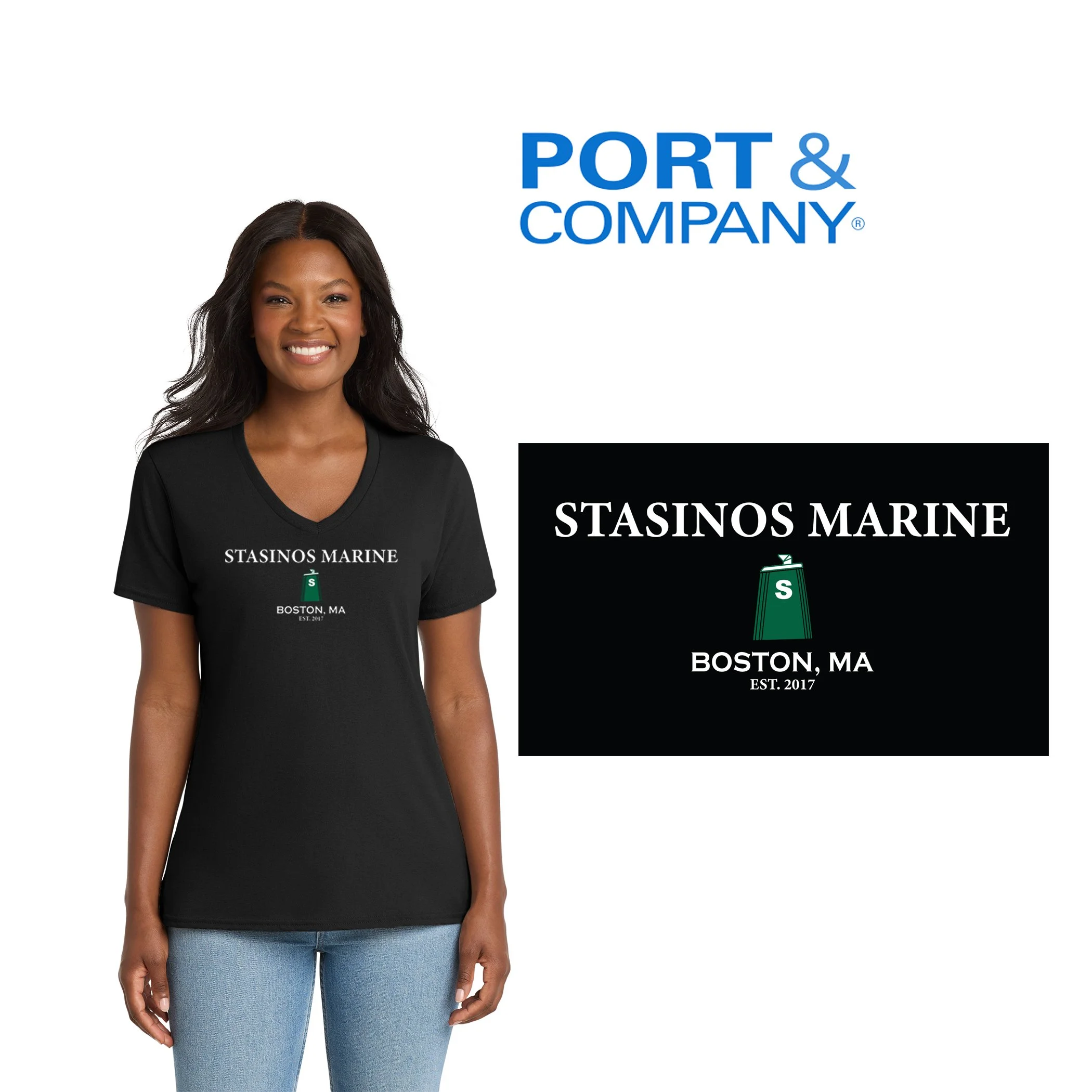 Stasinos Marine Port & Co™ Women's Core Cotton V-Neck Tee, BOSTON, MA EST. 2017 Edition, Women’s Fit, #LPC54V
