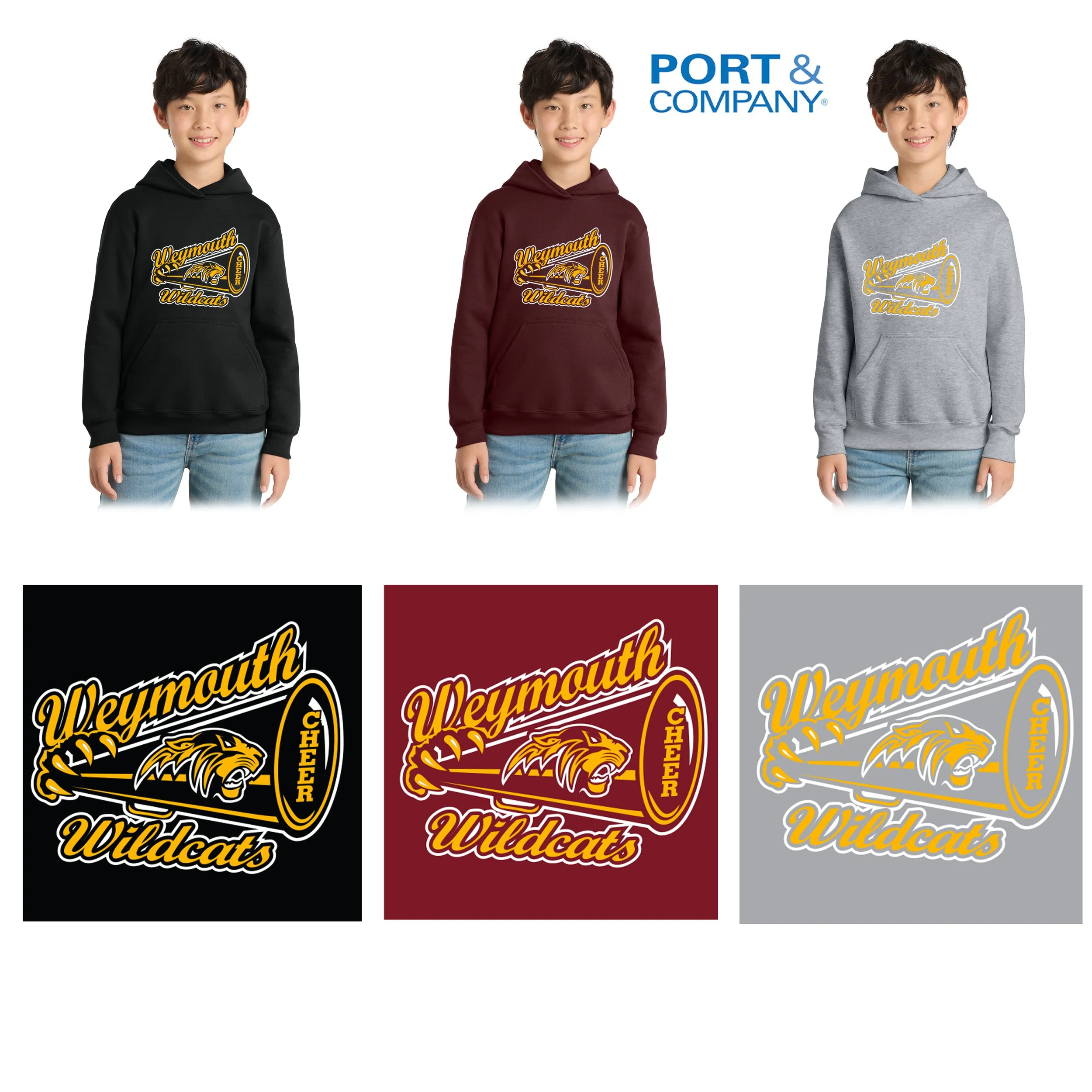 Weymouth Youth Cheer Port & Co® Youth Core Fleece Pullover Hooded Sweatshirt, Youth Unisex Fit, #PC78YH